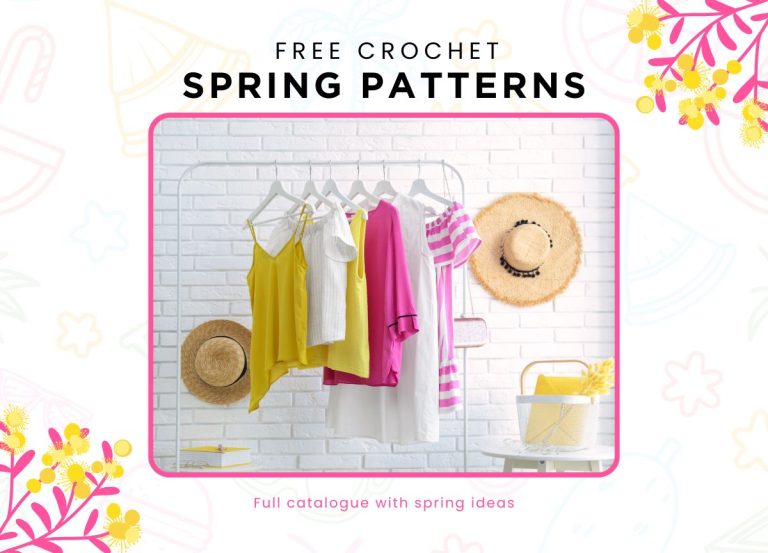 Clothes in spring colors hang on a rack against a white brick wall, with straw hats and a white basket filled with yarn, showcasing beautiful crochet spring patterns above.