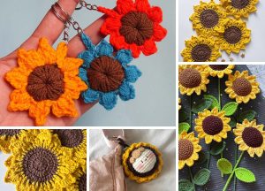 Collage of crocheted sunflower crafts, featuring keychains, coasters, appliqués, and a small sunflower doll charm — all inspired by charming sunflower crochet patterns in various colors and arrangements.