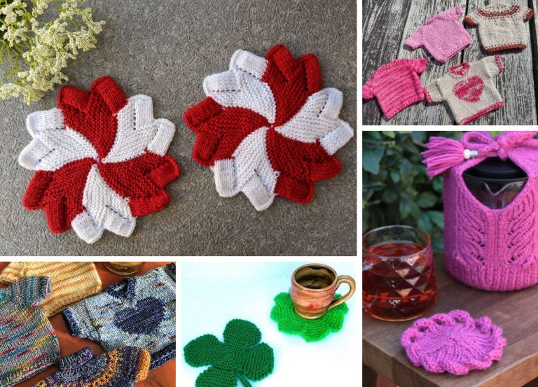 A collage of knitted coasters, mitts, and a teapot cozy in various colors and patterns, displayed on tables and surfaces.