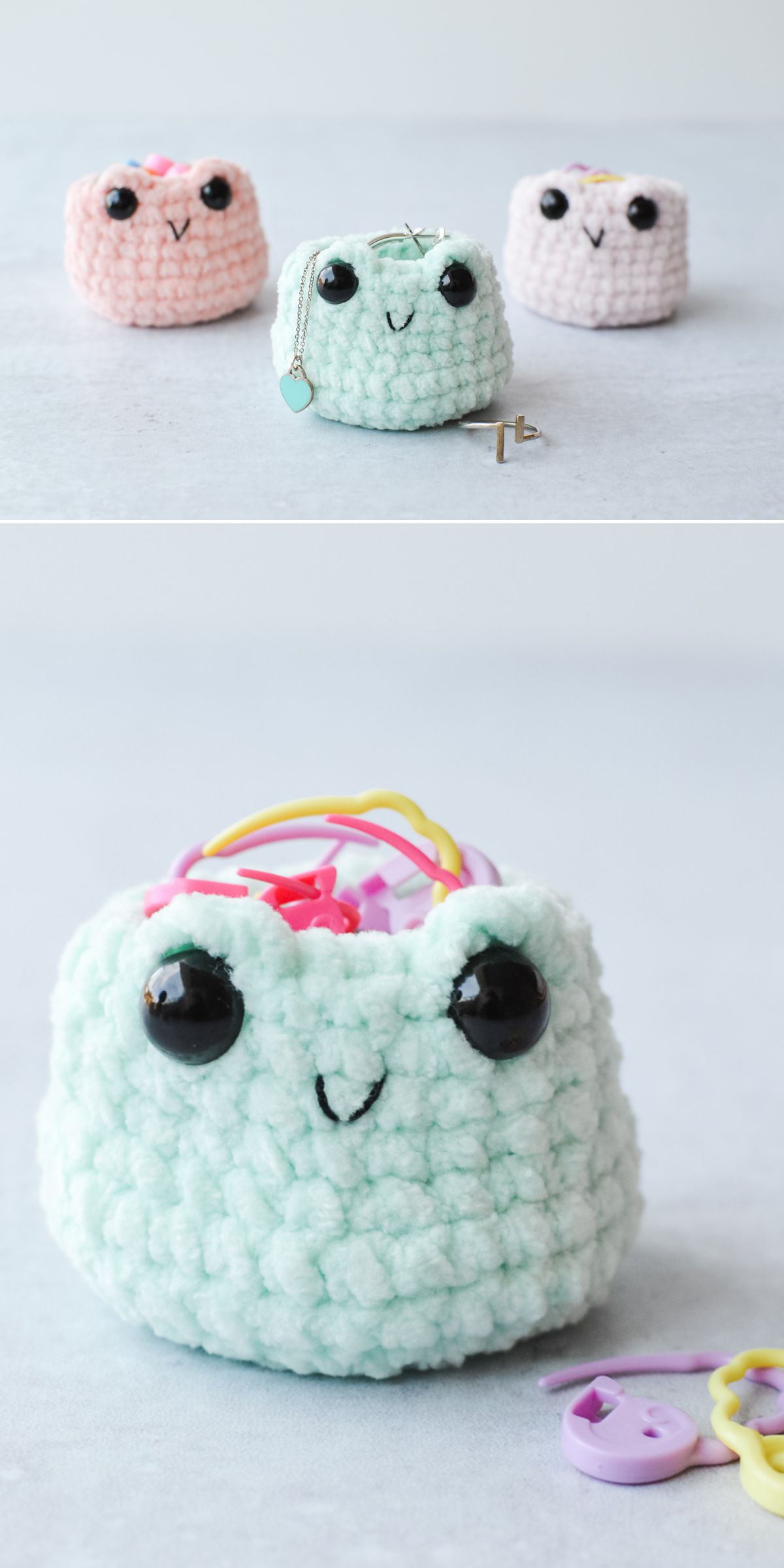 Three small, plush crocheted pouches with large black eyes and smiling faces; one mint green crochet frog pouch holds hair ties and has a keychain attached.