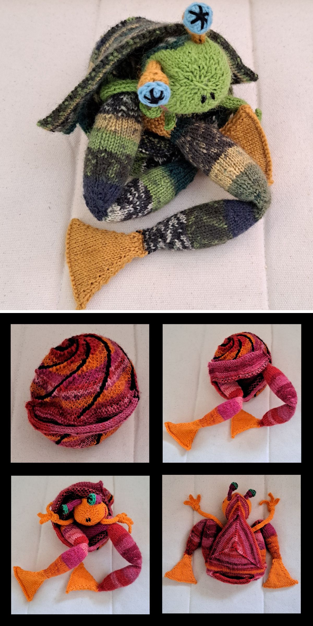 Two knitted toy frogs with large eyes and webbed feet are shown. One is green with yellow and dark patches; the other is pink and orange, displayed from various angles.