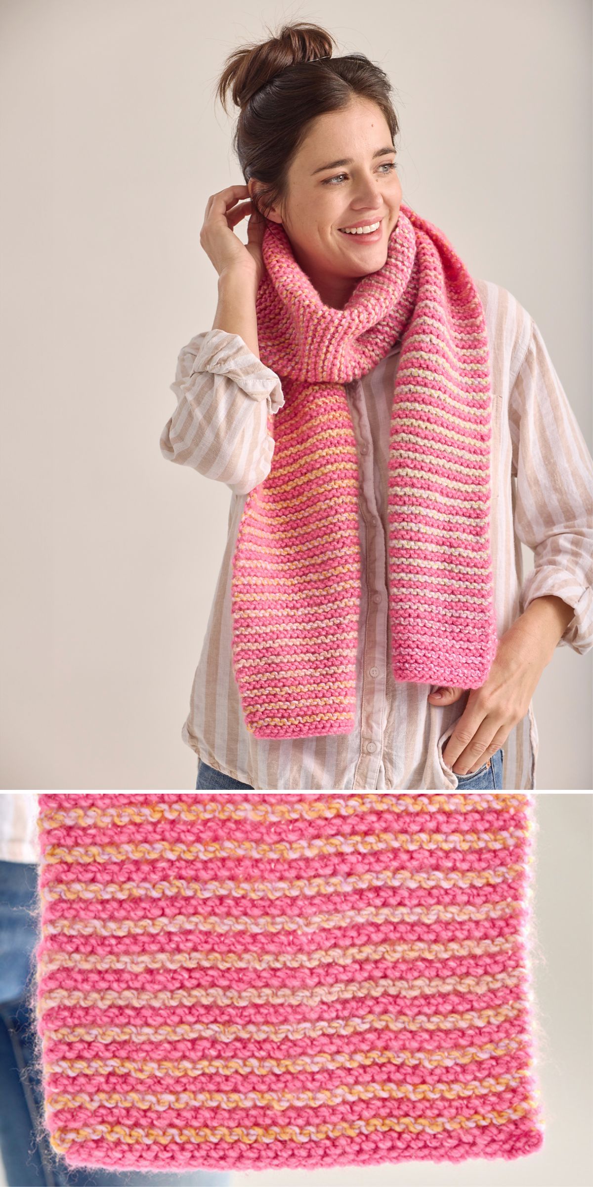 A woman wearing a striped pink scarf and a light-colored button-up shirt stands smiling; a close-up highlights the knit texture and showcases beautiful knitting scarf patterns in pink and white.