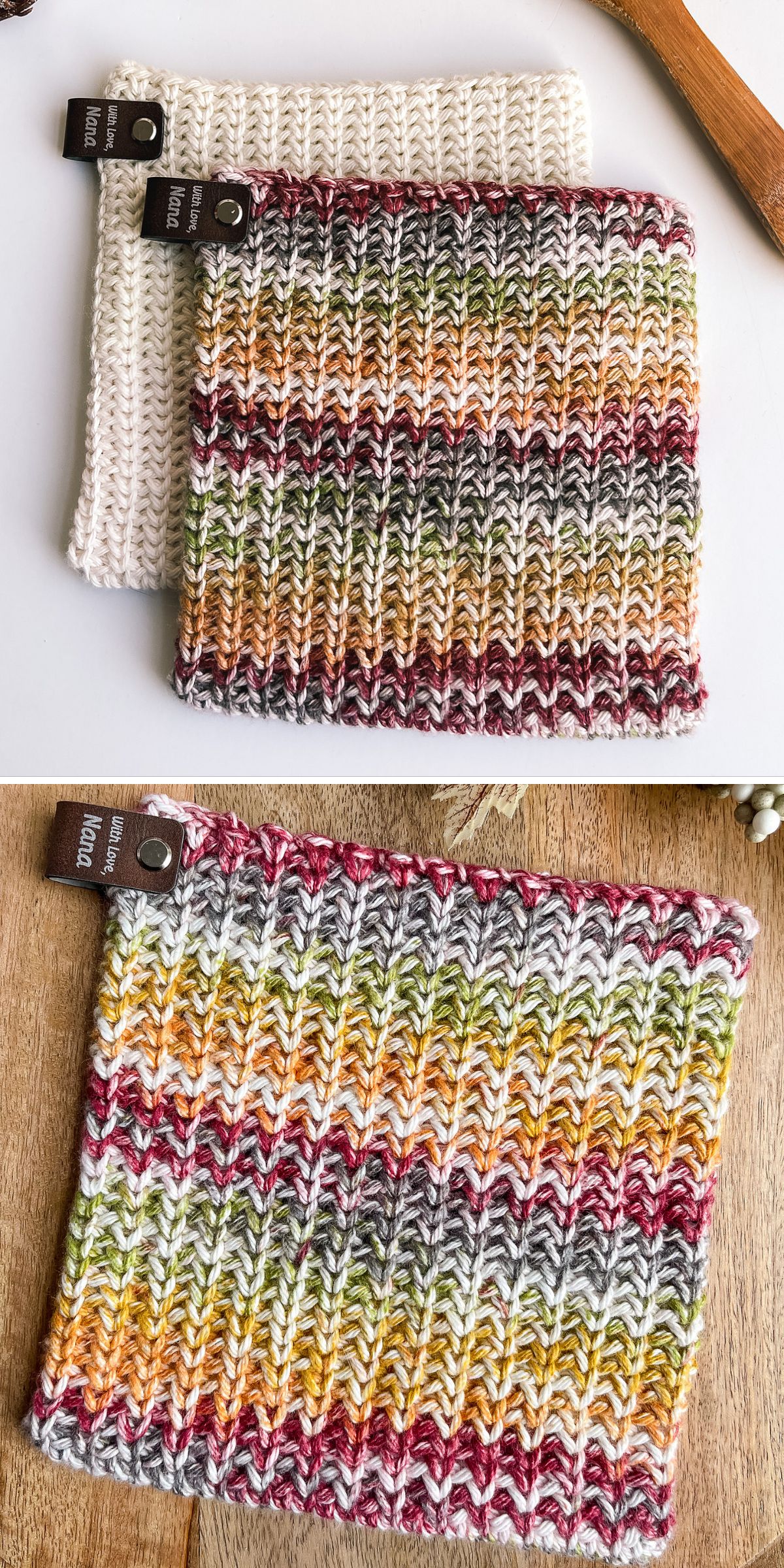 Two potholders are shown, one solid cream and one multicolored with a striped pattern, both with dark tags in the corner. Perfect as a crochet potholder set for stylish and functional kitchen decor.