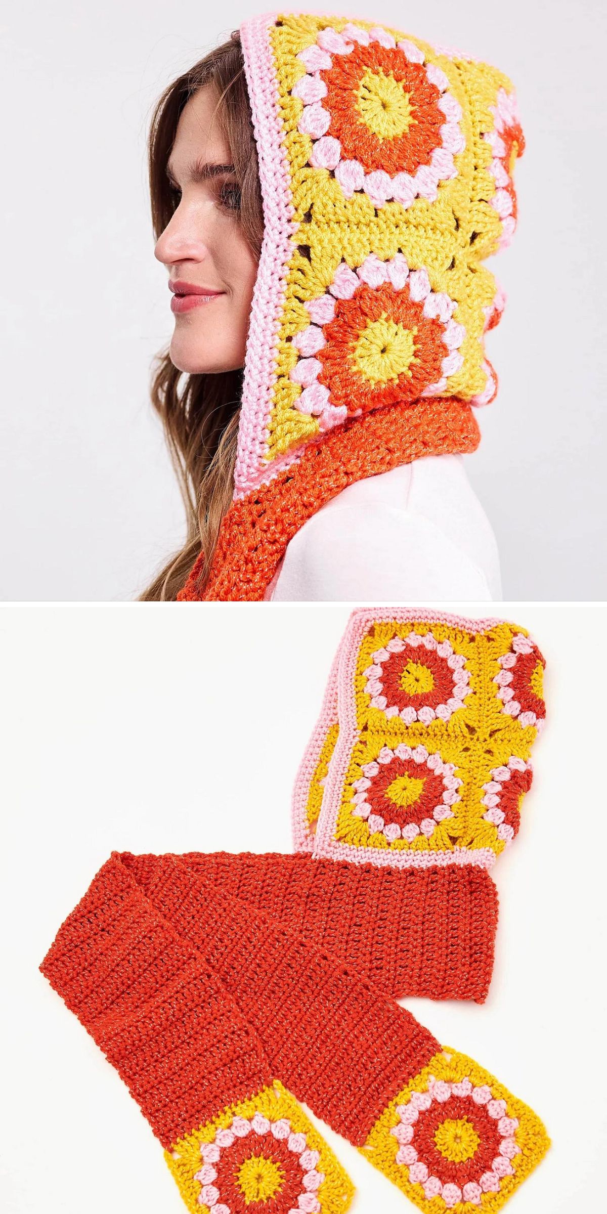 A woman wears a colorful crochet hooded scarf with floral granny square details in yellow, orange, pink, and red; second image shows the full length of the crochet hood scarf laid flat.