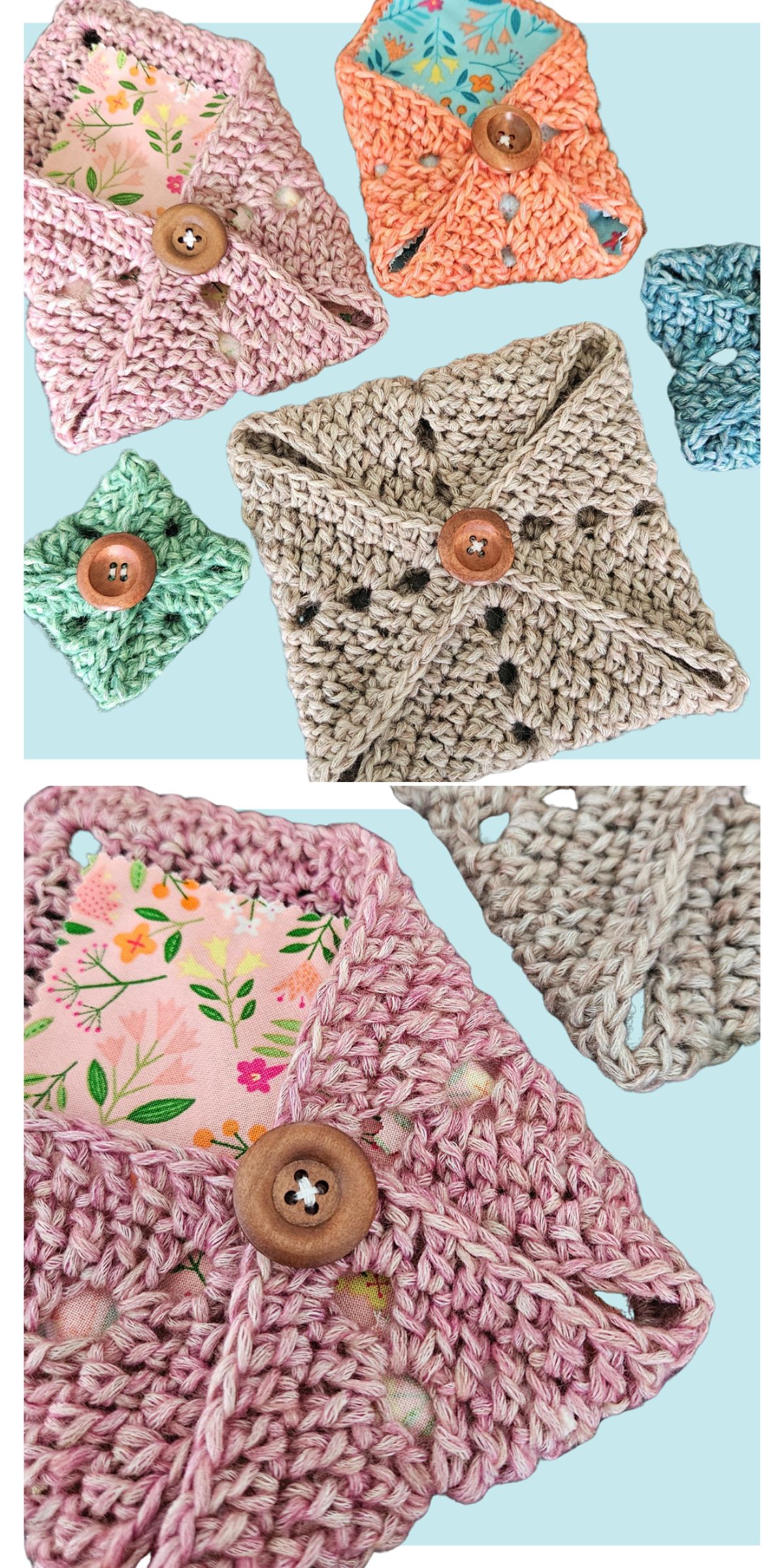 Four crochet pouches in square shapes with wooden buttons and floral fabric linings, displayed on a light blue background. Close-up shows the intricate yarn work and button details.