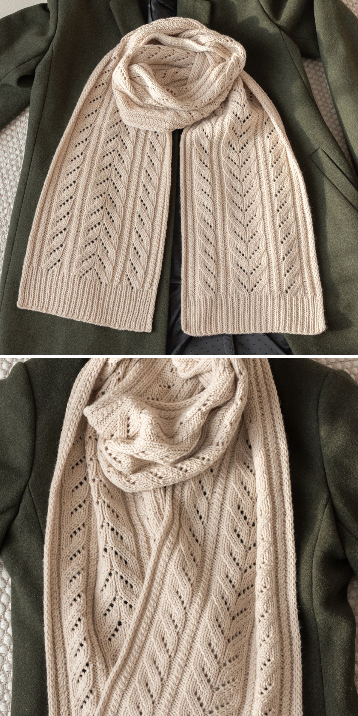 A cream-colored knitted scarf featuring a leaf design, inspired by knitting scarf patterns, is draped over an olive green coat.