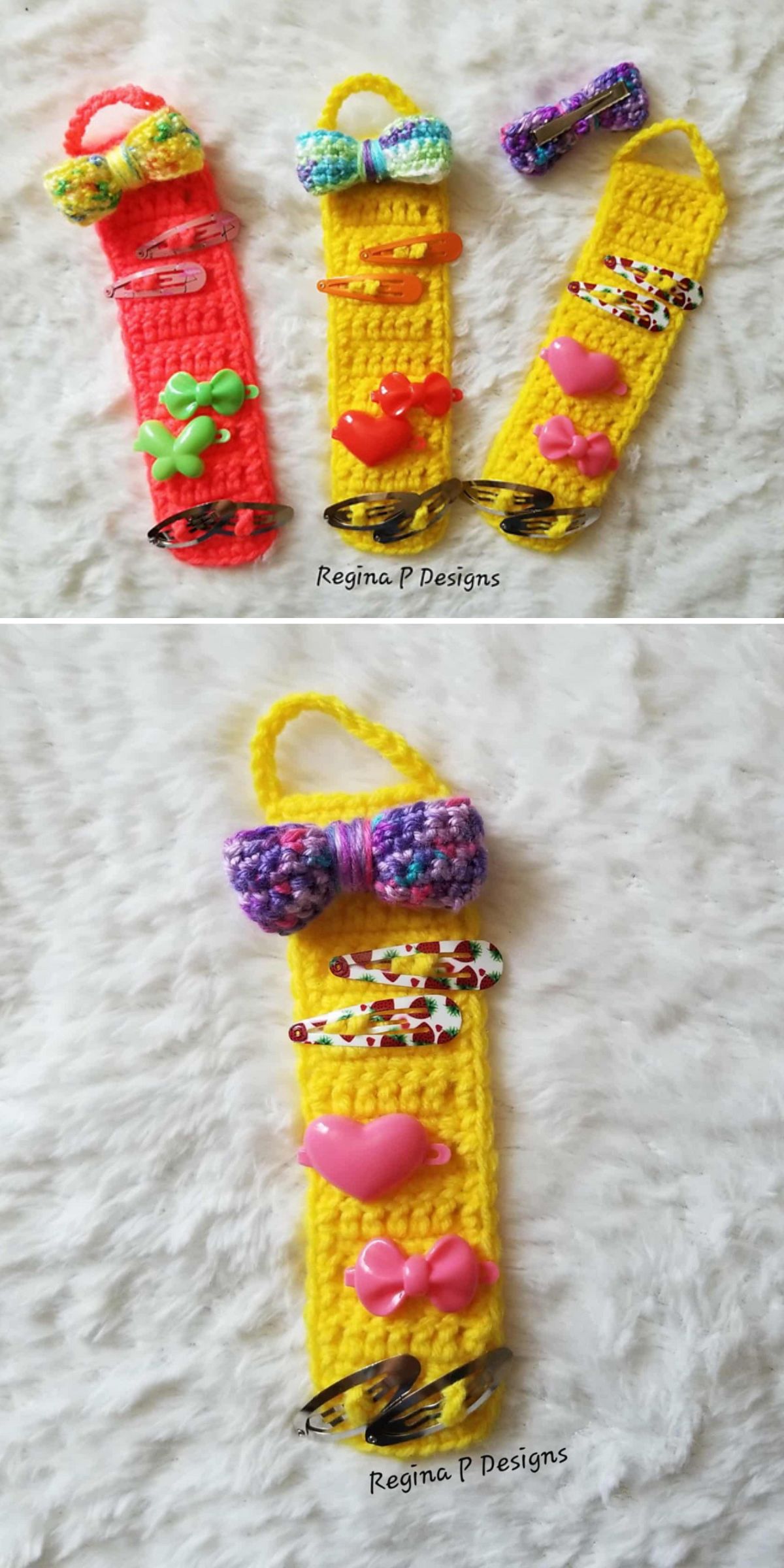 Three crocheted hair clip holders with attached bows serve as a charming crochet organizer, each decorated with colorful hair clips and displayed on a white textured surface.