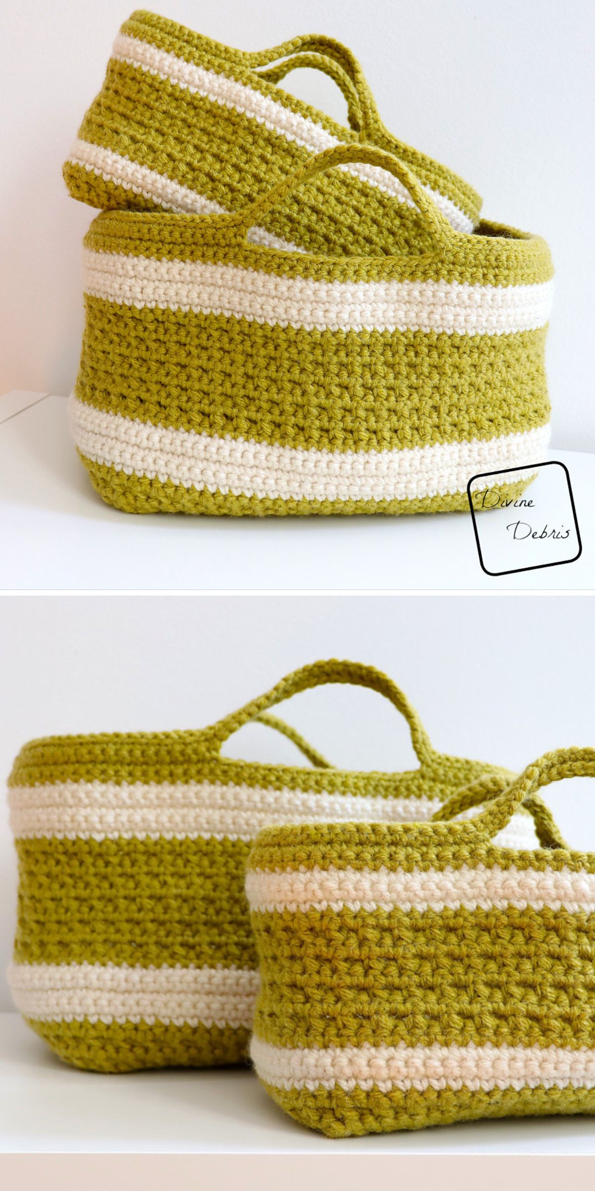 Two green and white striped crochet baskets with handles are stacked together on a white surface, showcasing the charm of handmade crochet basket craft.