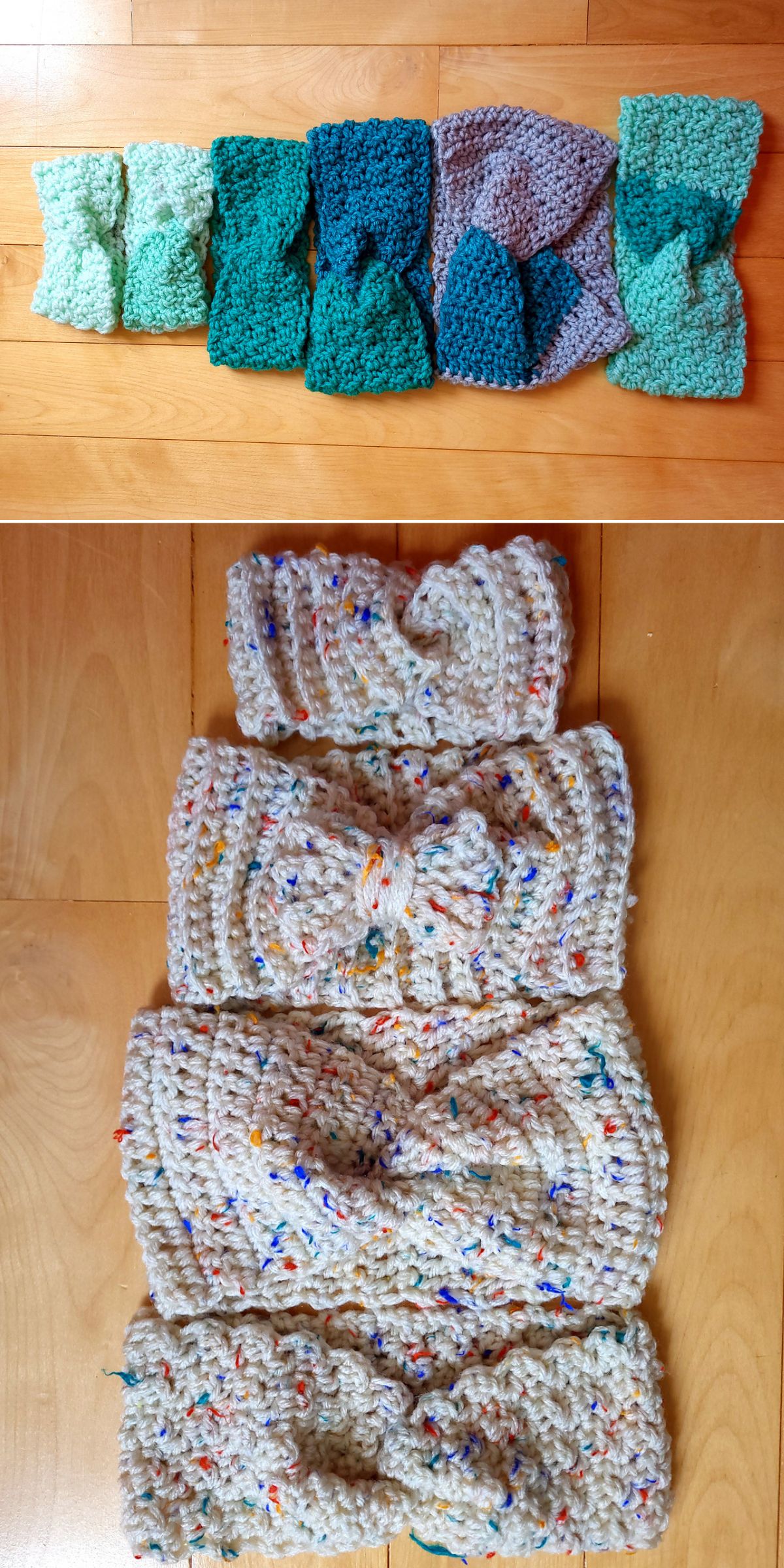 Two rows of crochet headbands are laid out on a wooden surface; the top row features greens and blues, while the bottom row displays cream-colored headbands with colorful specks.