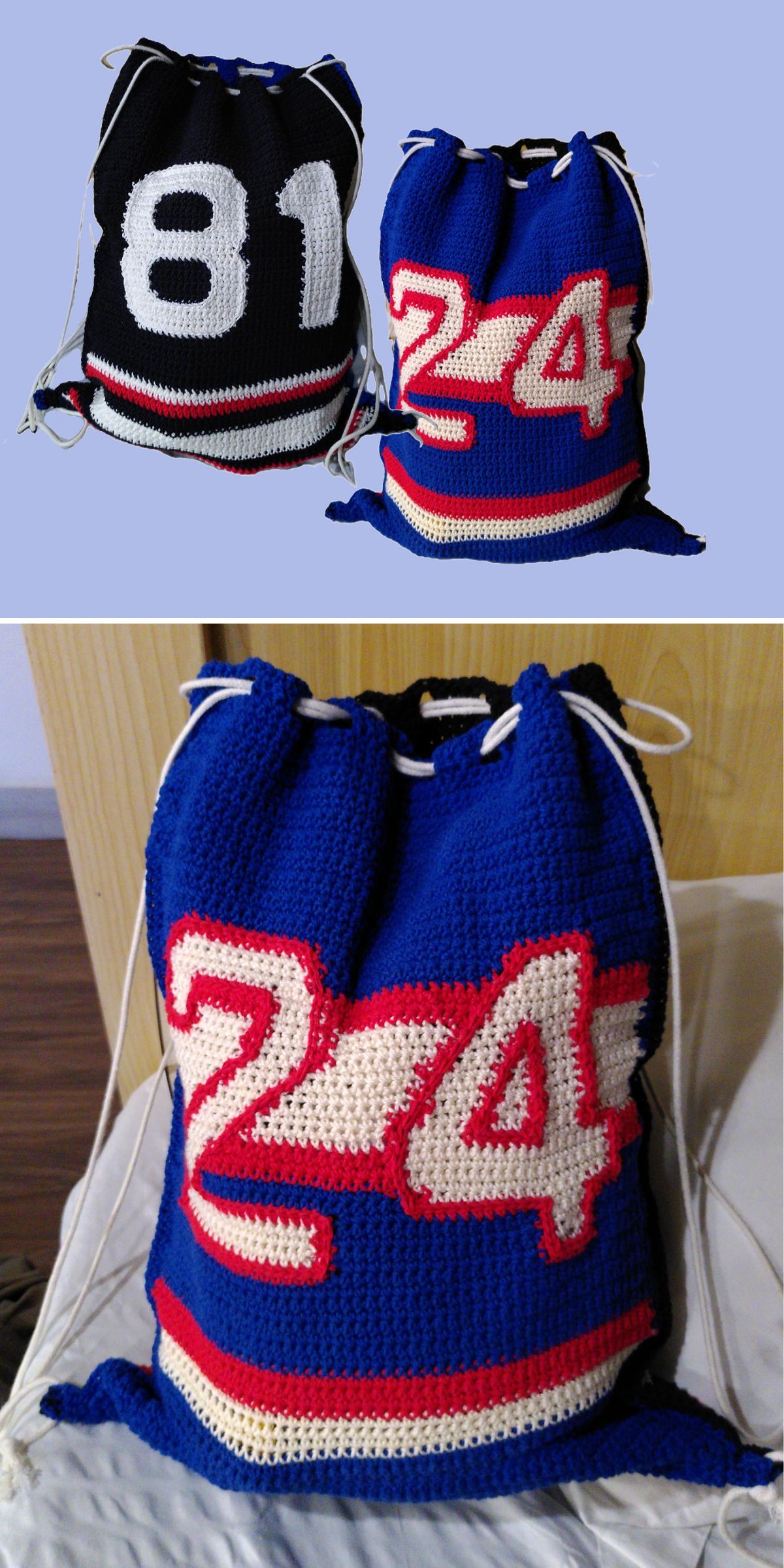 Three crochet drawstring bags in sports jersey style, each featuring large numbers: black with “81”, red with “24”, and blue with “24”, displayed against a pale background.
