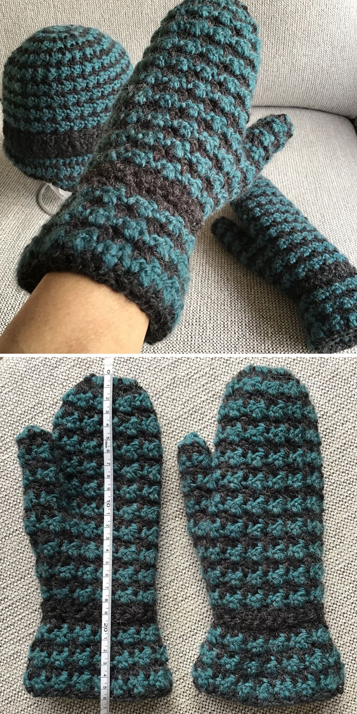 Handmade crocheted hat and mittens in teal and dark gray yarn, shown on a beige fabric surface; features inspired by crochet glove and mitten patterns. A measuring tape indicates mitten length in the second image.