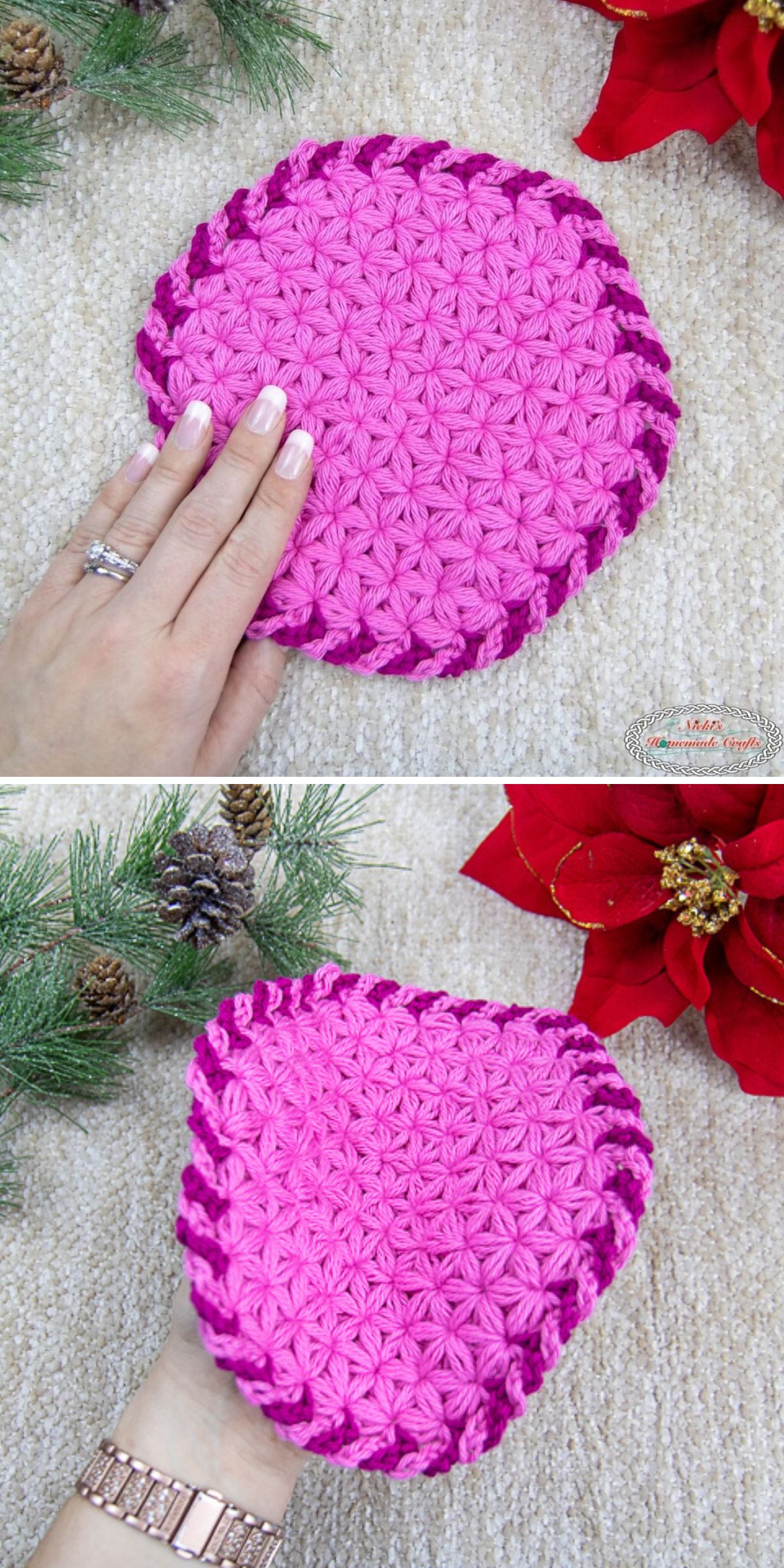 Two images show a hand holding a round, pink crochet potholder with a purple border, placed on a textured beige surface near red poinsettias and pine branches.