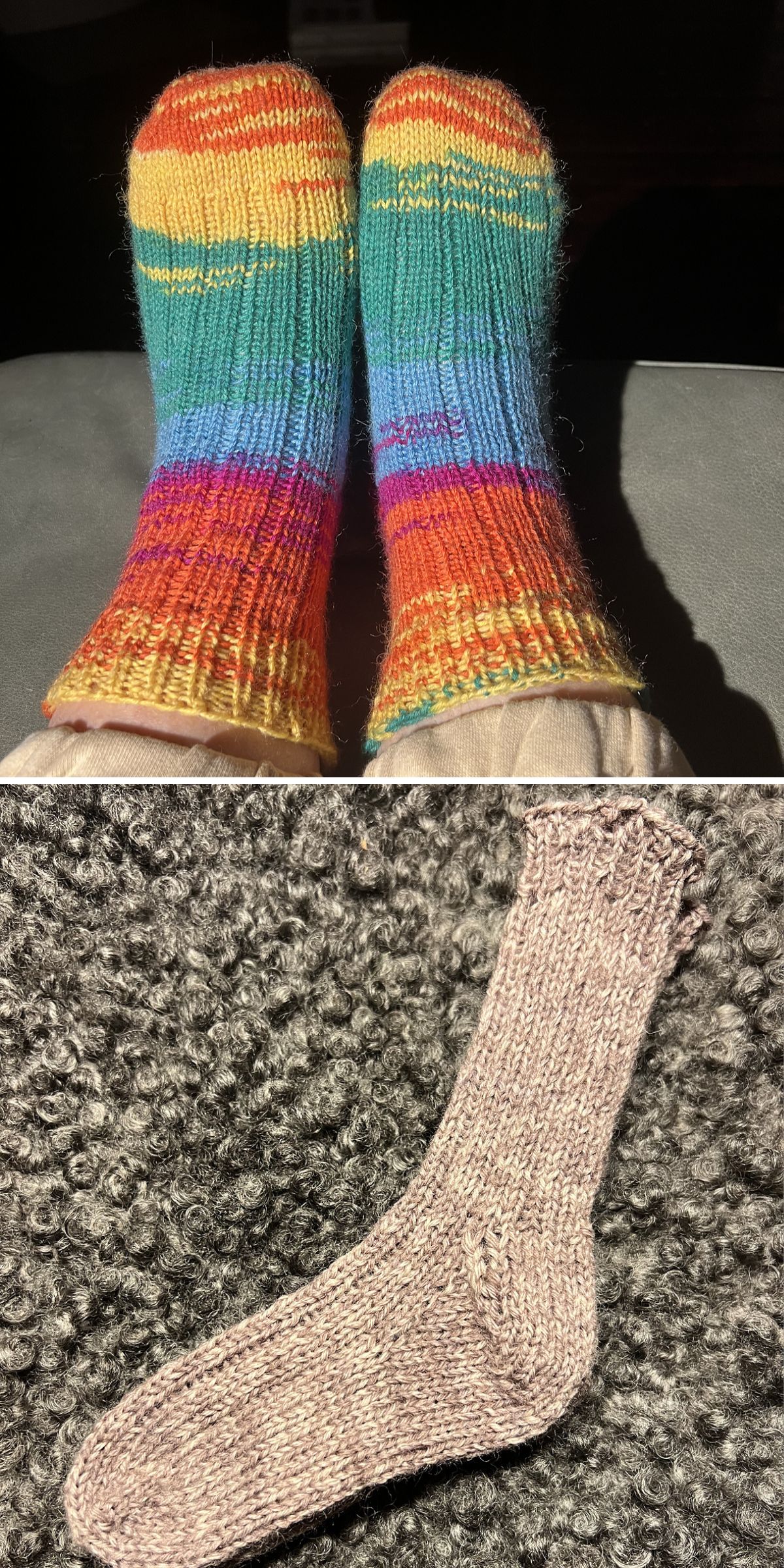 Top: Two feet wearing colorful, striped, hand-knit socks — showcasing creative knitting patterns for socks. Bottom: A single, hand-knit, light brown sock lies on a textured dark surface.