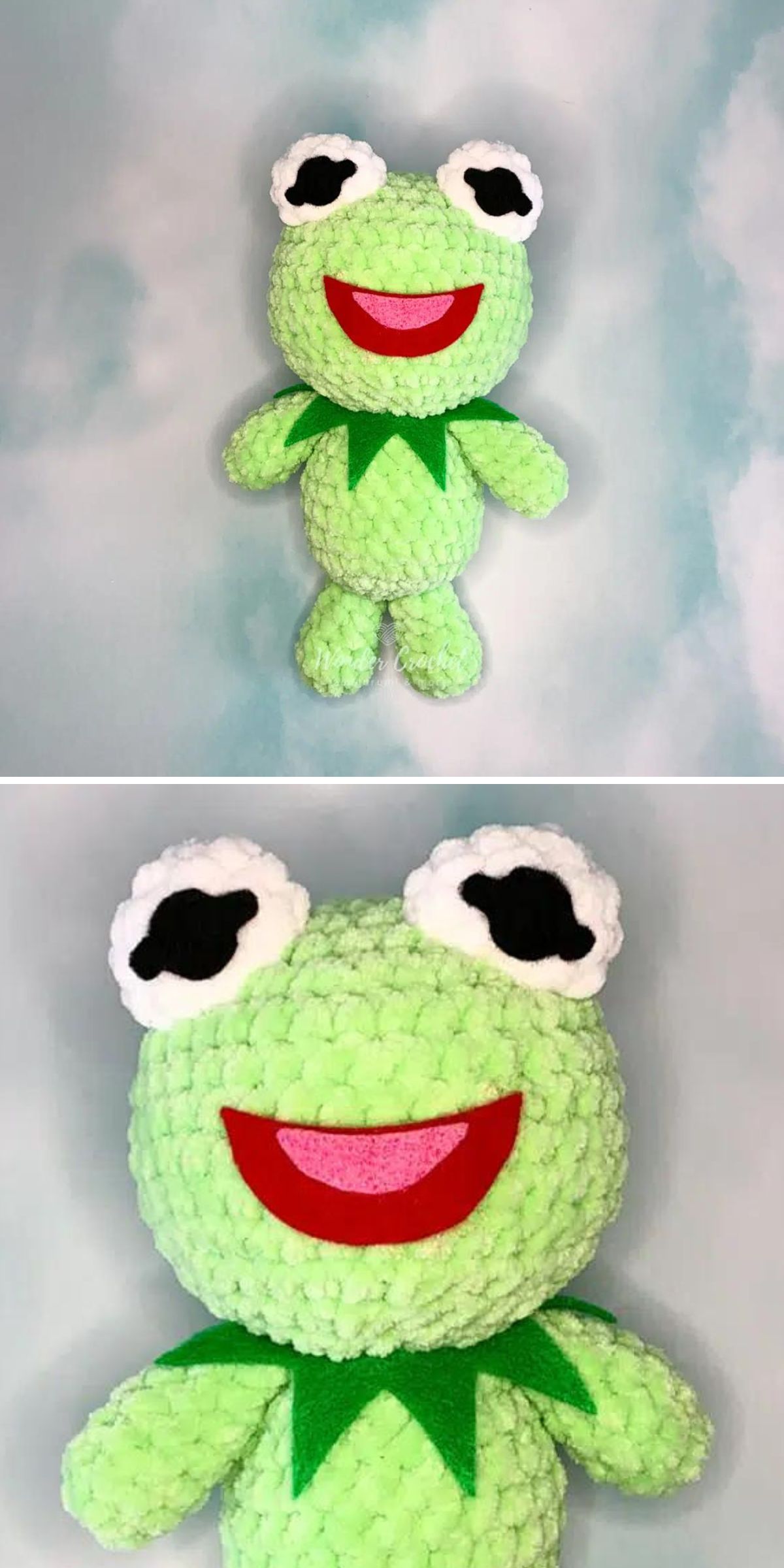 A crochet frog plush toy featuring large white eyes, a red smiling mouth, and a green collar, shown in full view and close-up.
