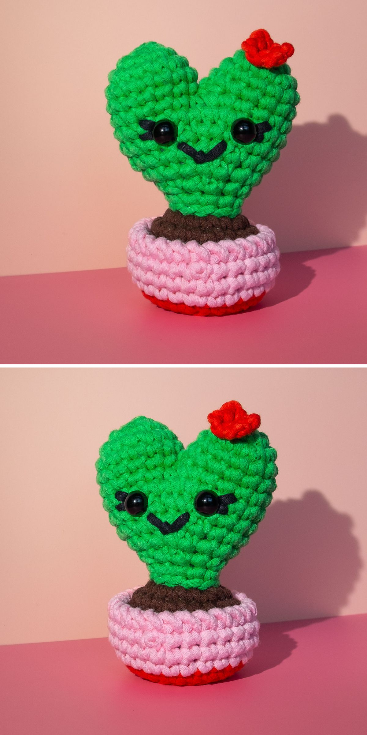 Two photos of a crochet plant — a green heart-shaped cactus with black eyes, a smile, and a red flower — sit in a pink pot on a pink surface, casting a playful shadow.