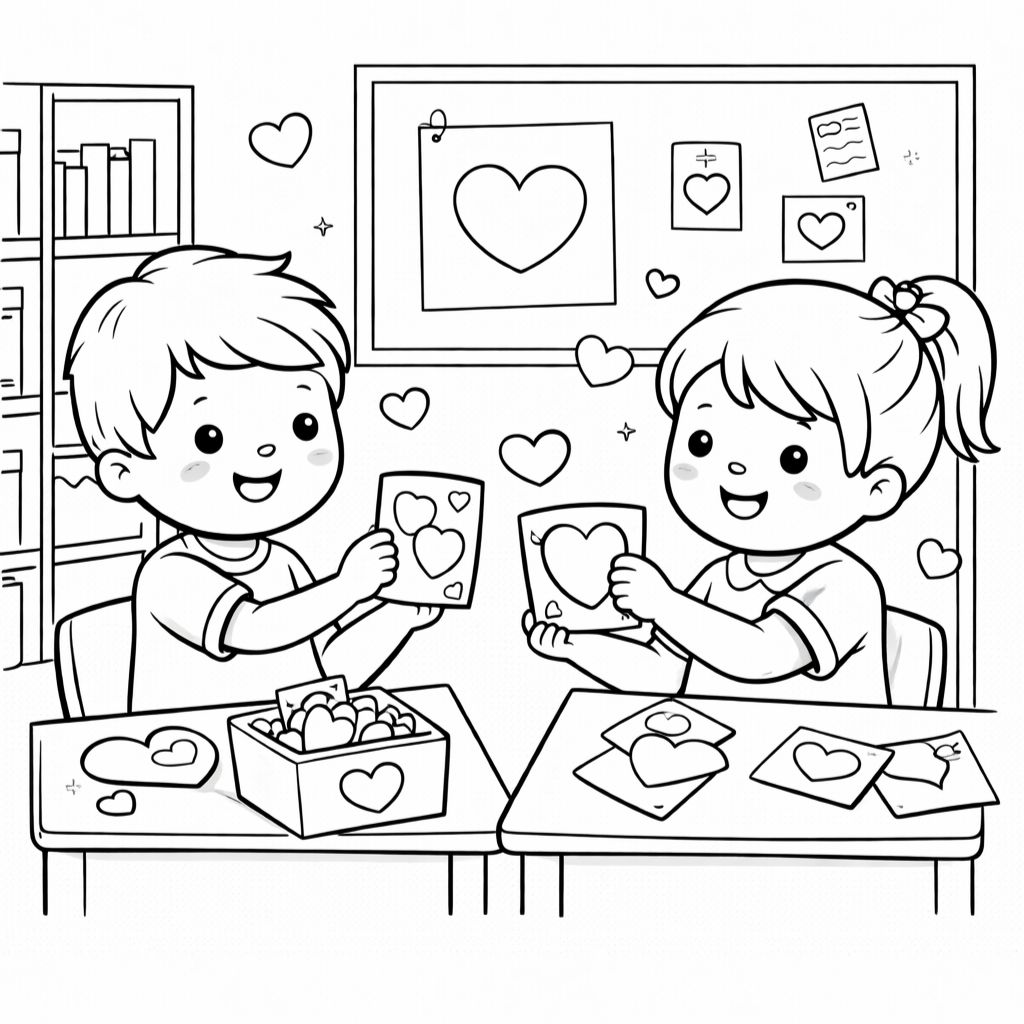 Two children sitting at desks make heart-shaped cards in a classroom decorated with heart pictures, smiling as they show each other their artwork.