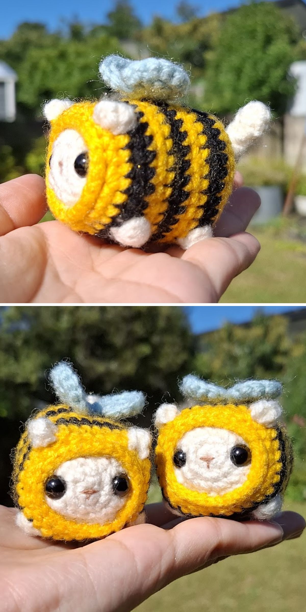 Hand holding small crochet bee amigurumi plush toys with round white faces, black eyes, yellow and black stripes, tiny wings, and ears. Two crochet bee amigurumi are shown in the second image.