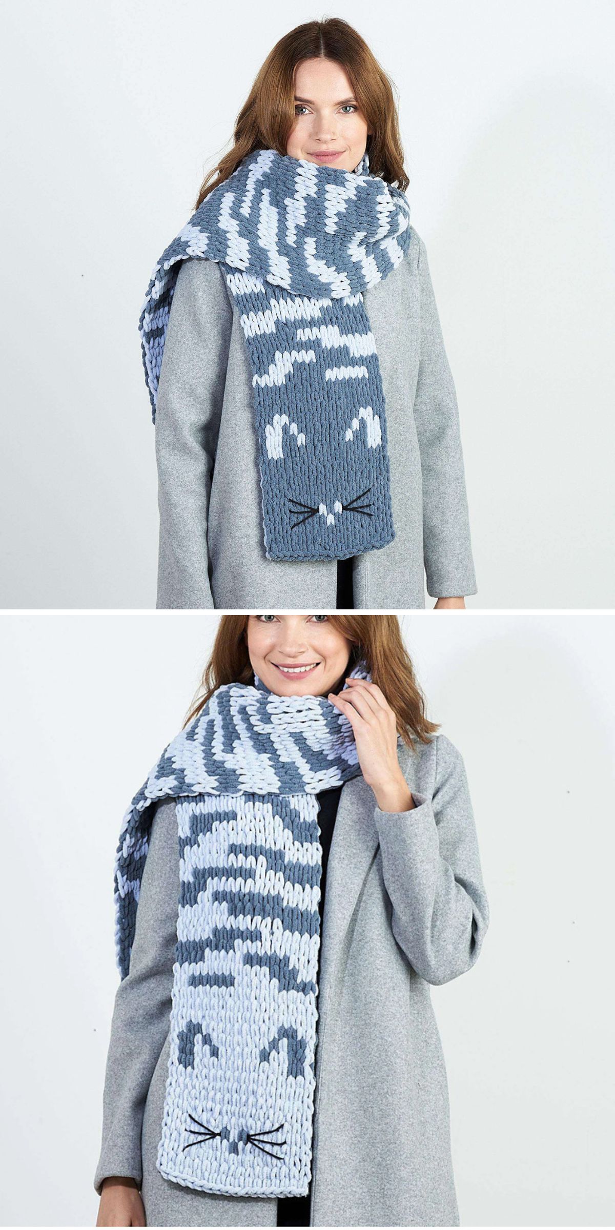 A woman wearing a light grey coat models a thick, knitted scarf featuring blue and white cat faces—a charming example of creative knitting scarf patterns.