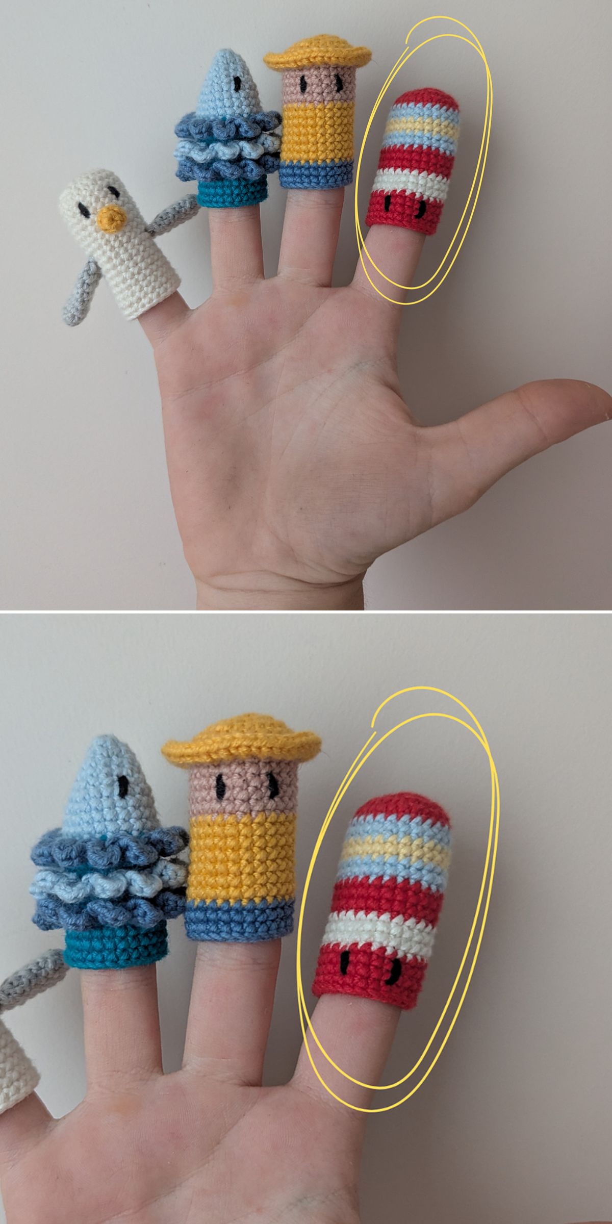 A hand wearing four crocheted finger puppets—a bird, an octopus, a person in a yellow hat, and a striped worm—perfect as a crochet baby toy. The striped worm is circled in the second image.