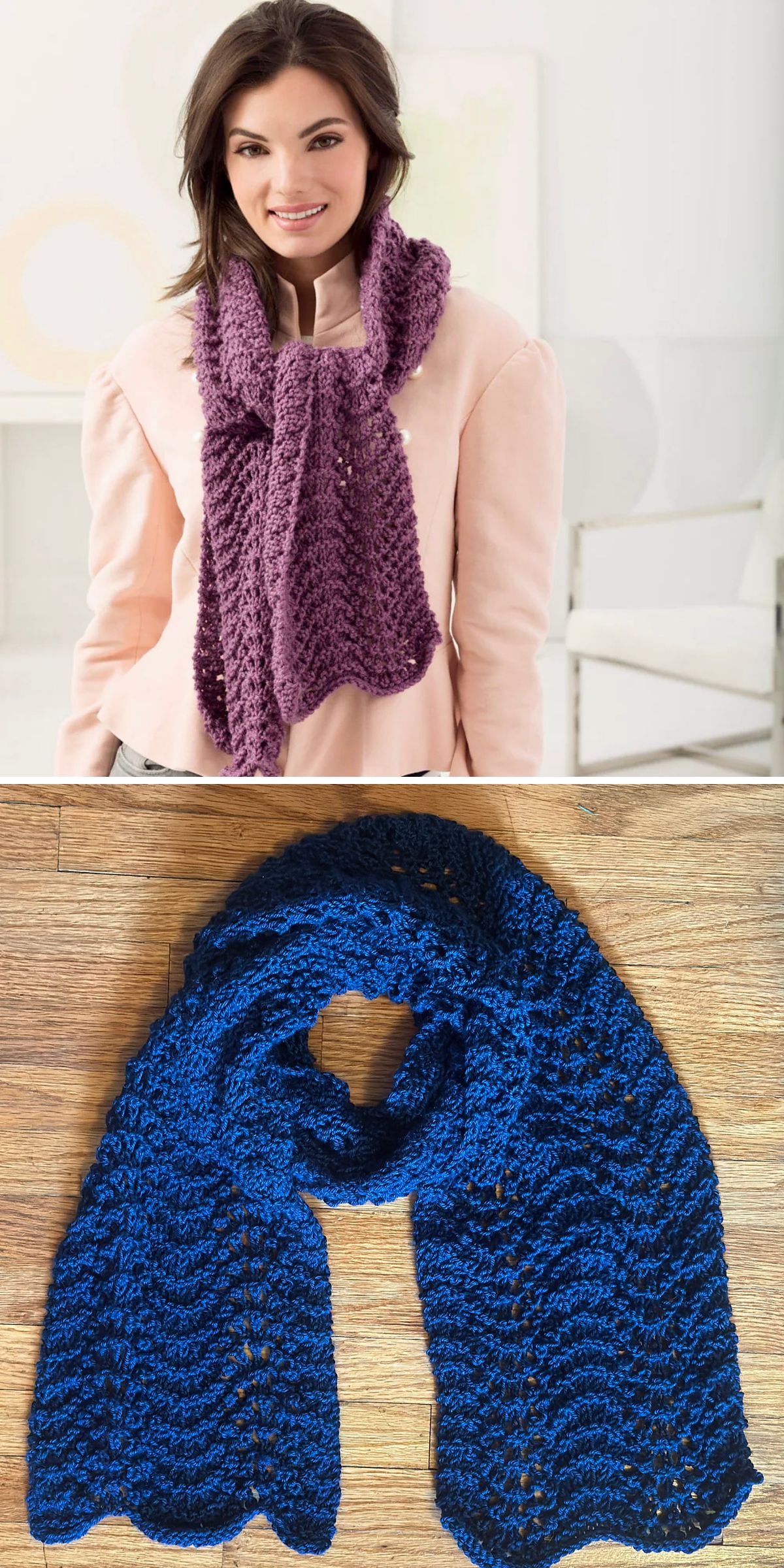 A woman wears a purple knitted scarf indoors in the top image; the bottom image shows a blue knit scarf laid flat on a wooden surface, perfect for those seeking new knitting scarf patterns to try.