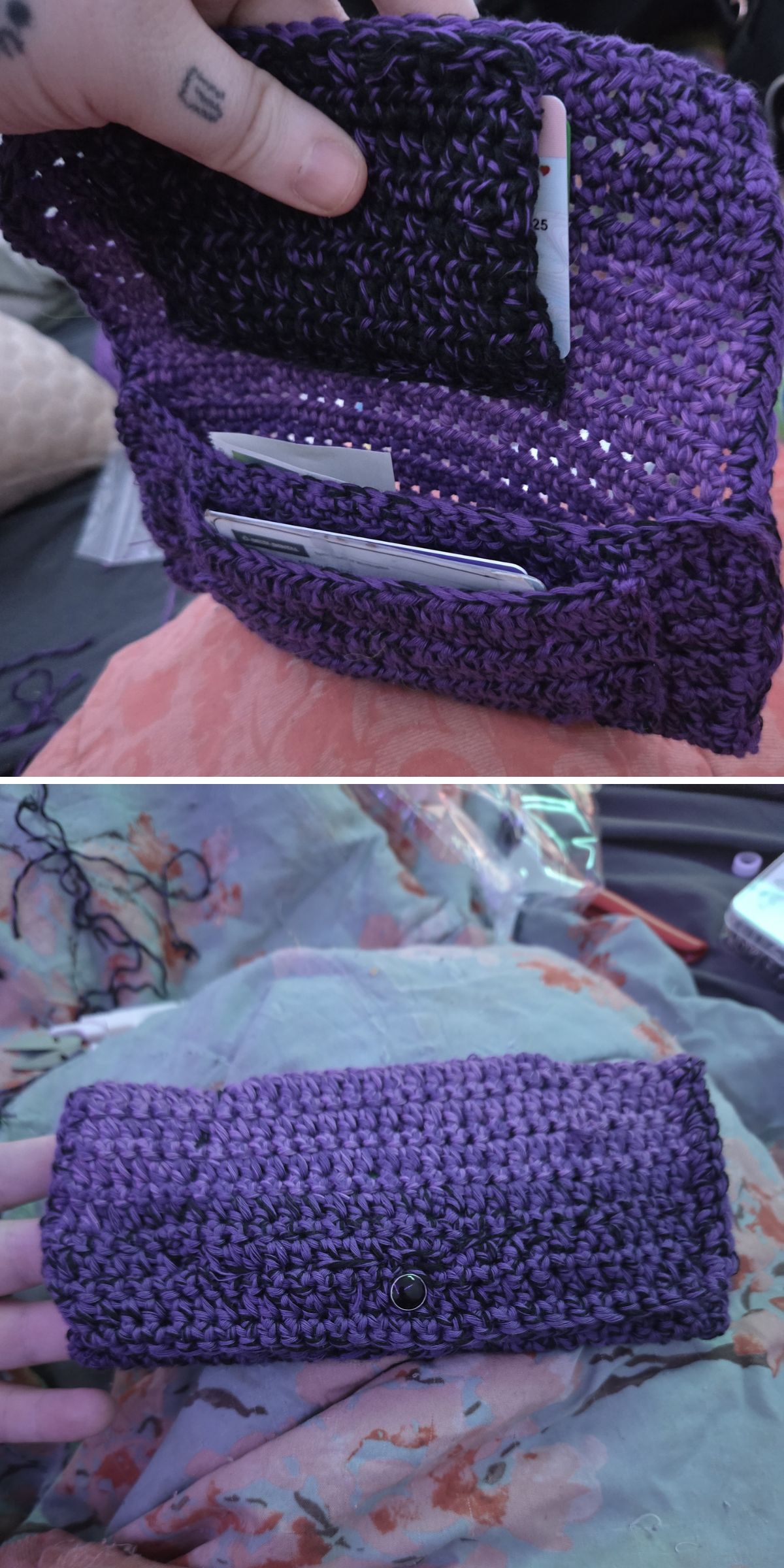 Two photos of a handmade purple Crochet Wallet: the first shows the open wallet filled with cards, while the second displays the closed wallet fastened with a button clasp.