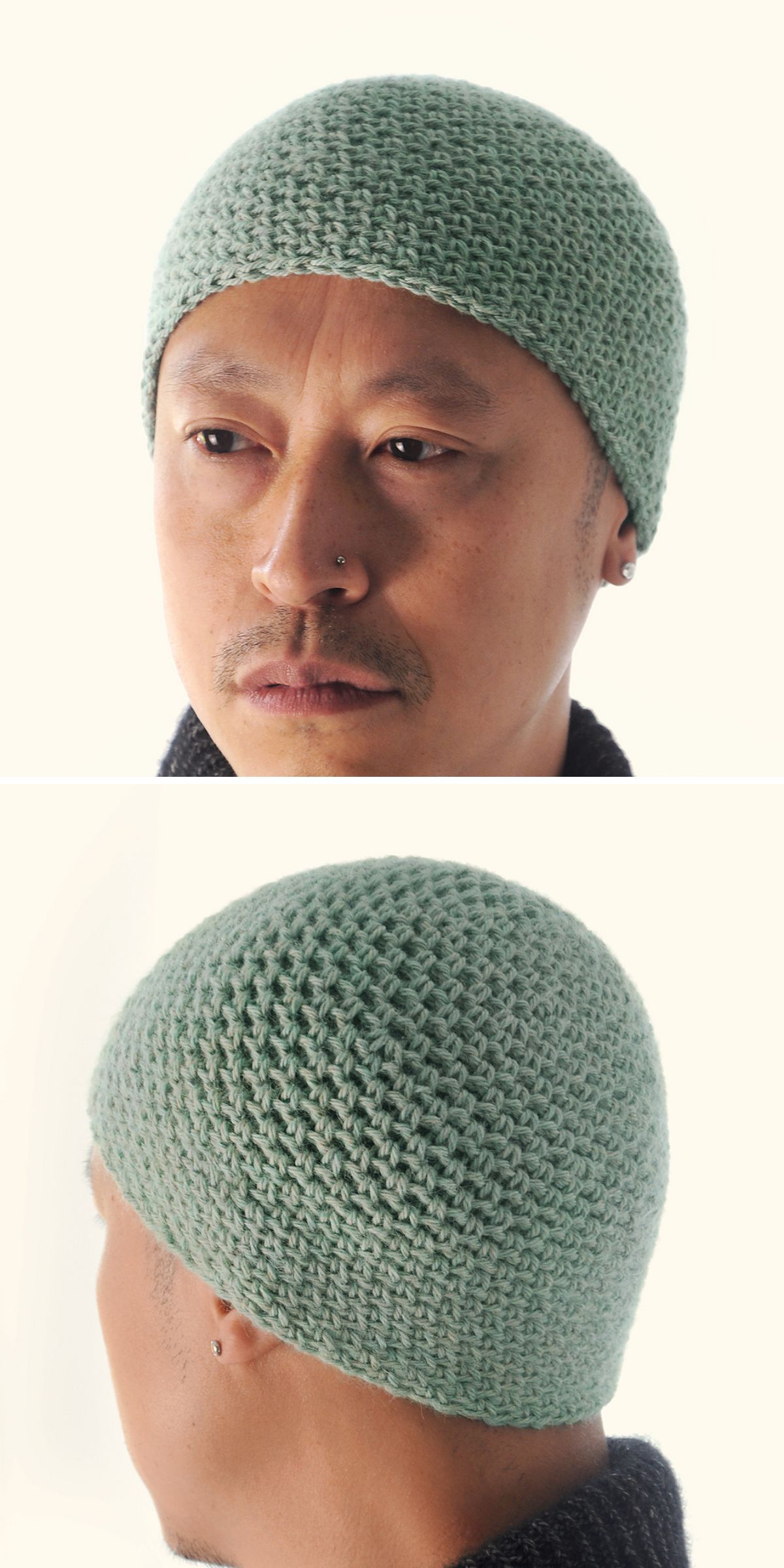 A person wearing a light green crocheted beanie is shown from the front and back against a plain background, highlighting stylish crochet hats for men inspired by popular crochet hat patterns.