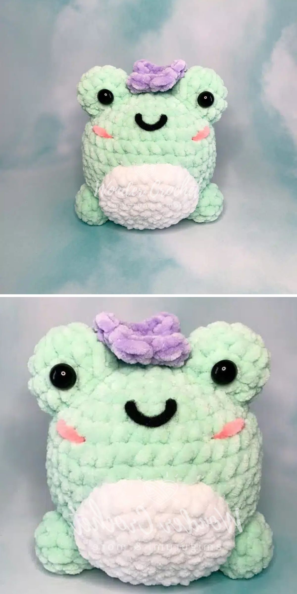 A soft, plush crochet frog toy with a purple tuft on its head, black button eyes, a smiling mouth, and pink cheeks is shown against a light, cloudy background in two views.