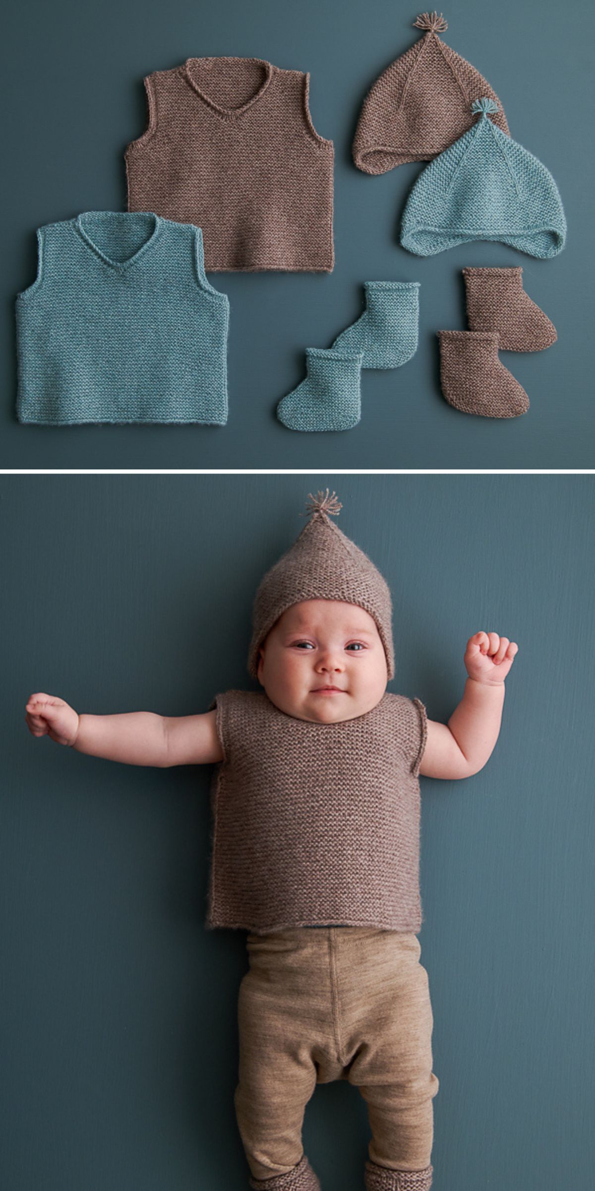 Knitted kids clothes in brown and blue, including vests, hats, and booties, are displayed; a baby wears the brown set in the lower part of the image.