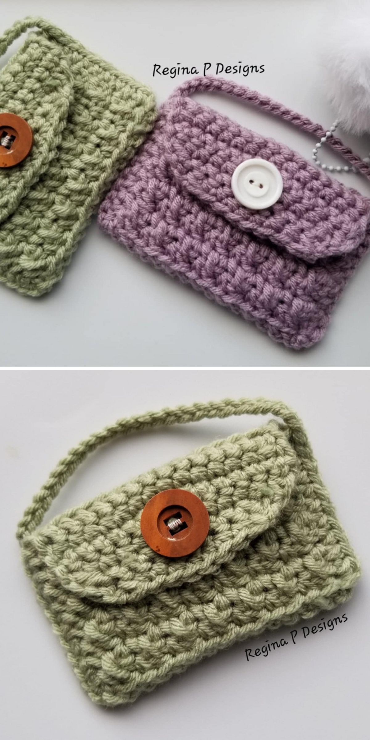 Two small crochet pouches, one green with a brown button and one purple with a white button and braided strap, are displayed on a flat surface.