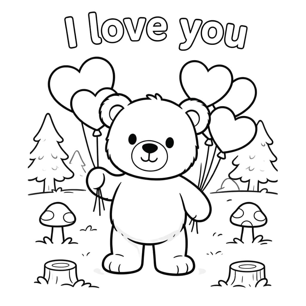 A bear holding heart-shaped balloons stands in a forest with trees, mushrooms, and tree stumps. The words "I love you" appear above its head.