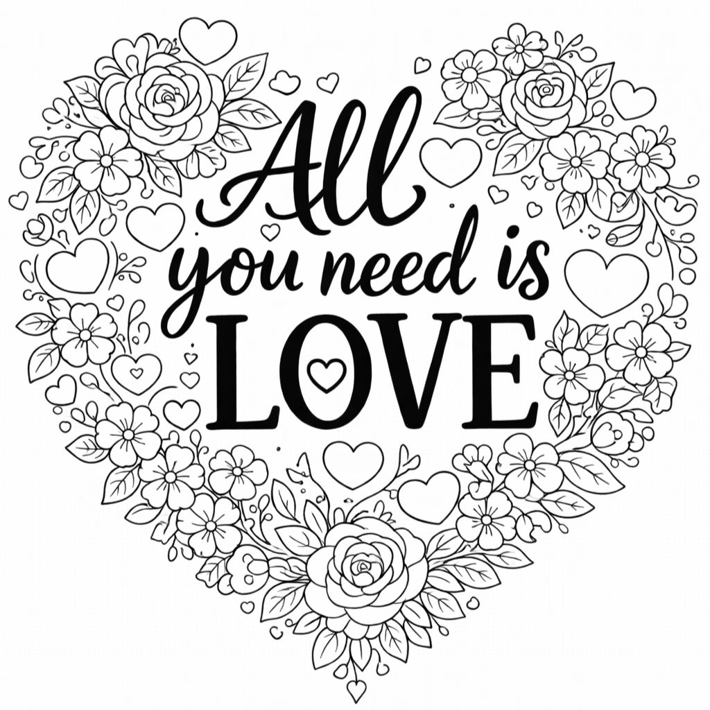 Heart-shaped floral frame with the text "All you need is LOVE" in the center, surrounded by roses, leaves, and small hearts, in a black-and-white line art style.