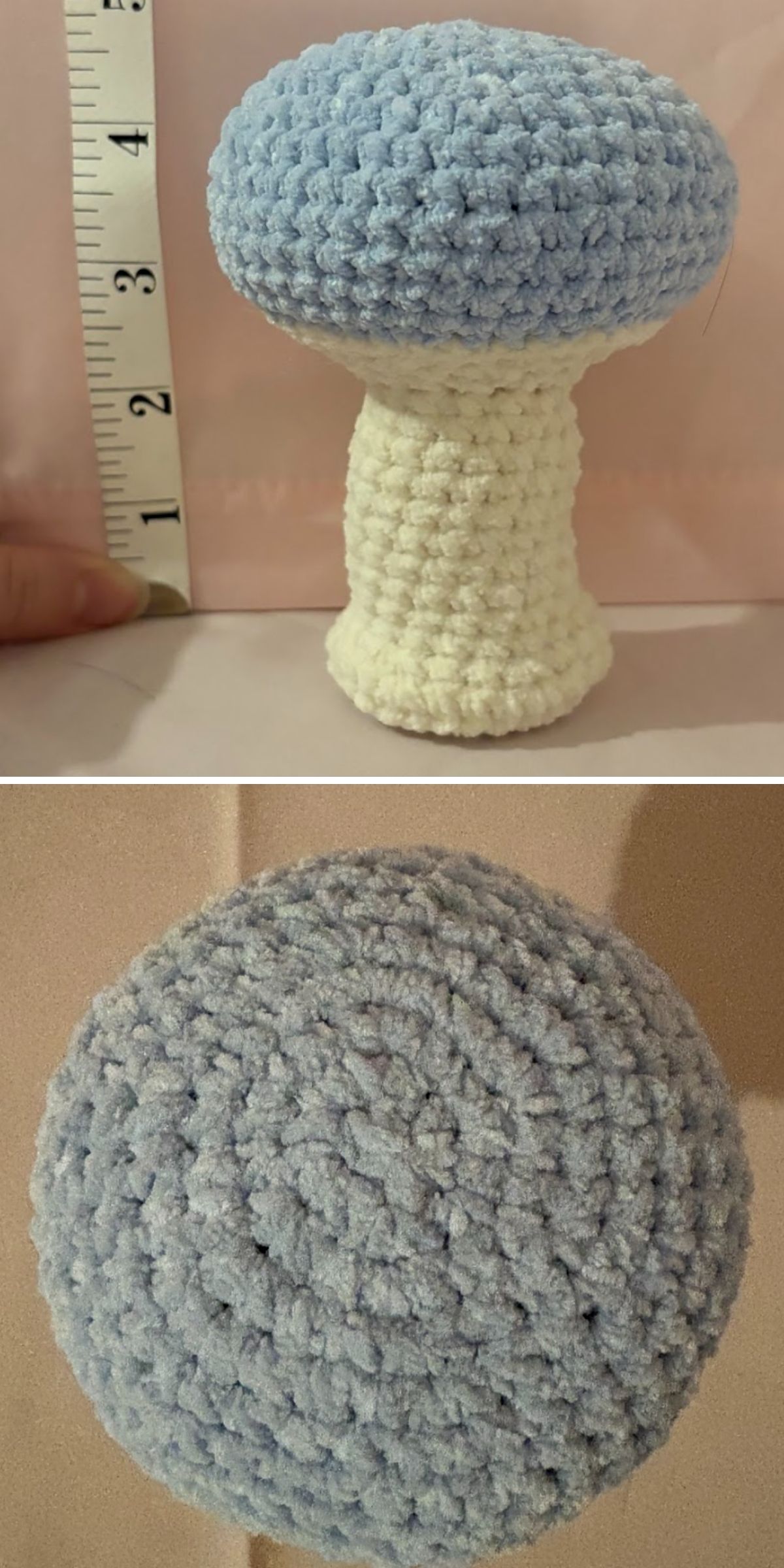 Two photos of a crochet mushroom amigurumi with a white stem and blue cap. A ruler in the first image shows it is about 4.5 inches tall. The second image highlights the top of the mushroom.