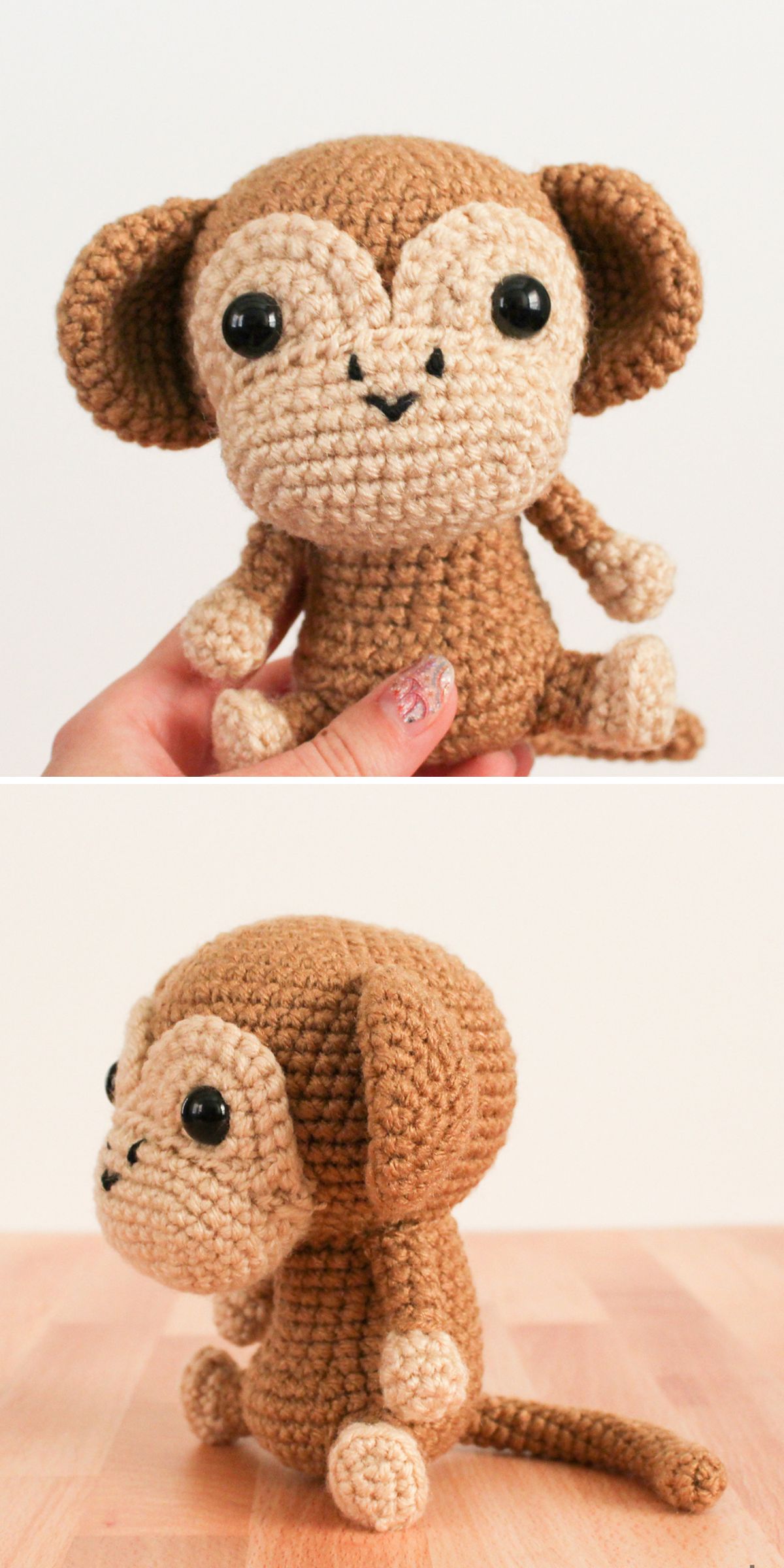 Two photos of a crocheted brown monkey plush toy with large ears, black eyes, and a long tail, shown from the front and side views—perfect inspiration for those seeking crochet monkey patterns.