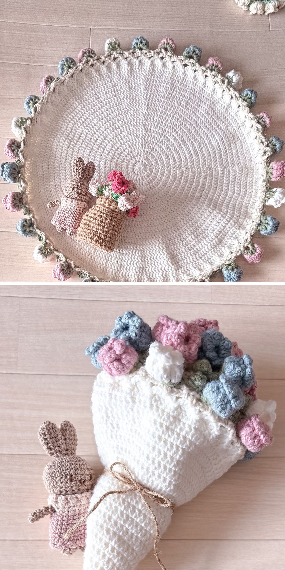 Two images of crocheted crafts: the first shows a round crochet blanket styled as a doily with scalloped edges and two small crocheted bunnies, the second features a crocheted bouquet with flowers and a bunny.