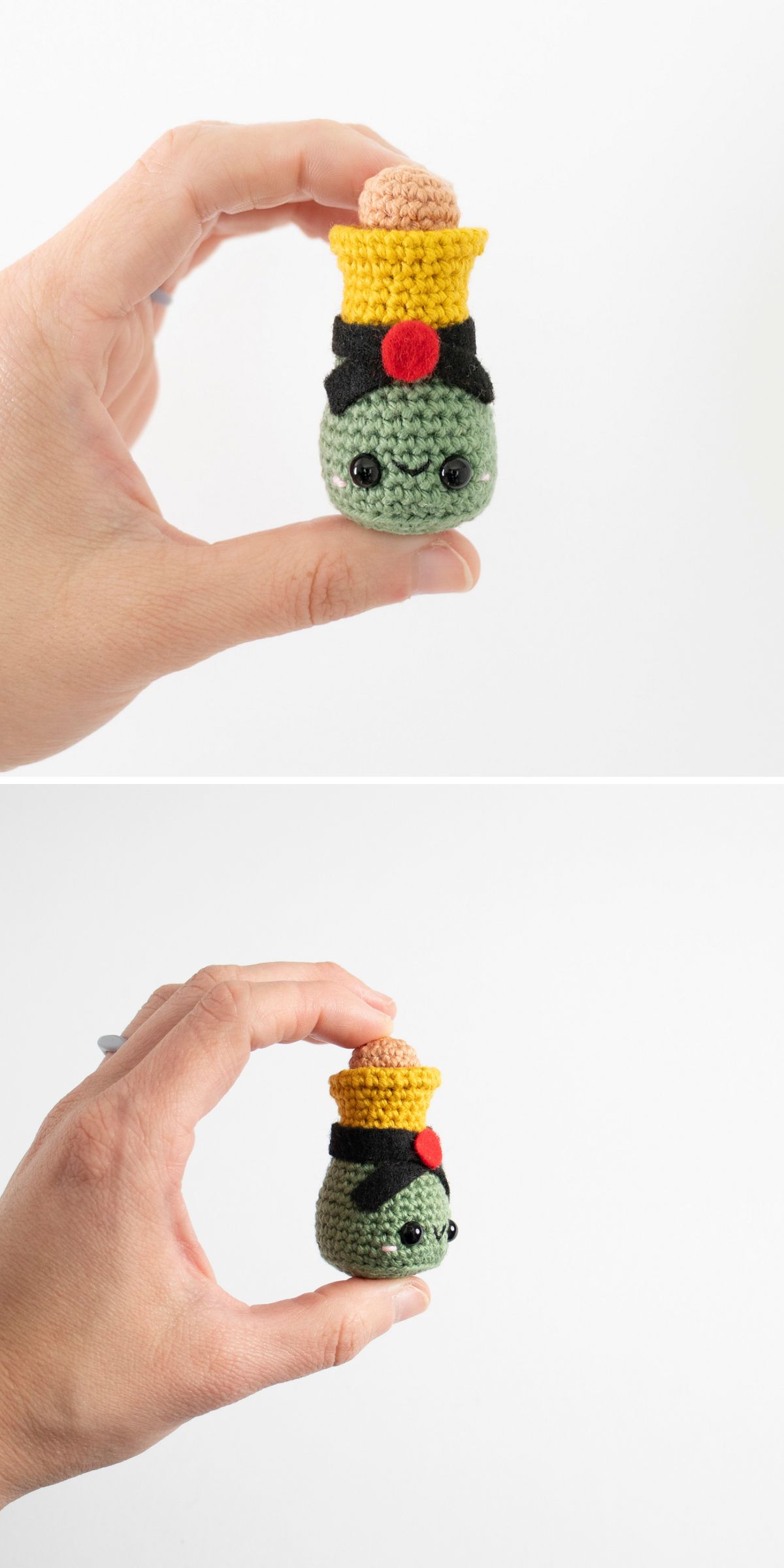 A hand holds a small crocheted green champagne bottle with black eyes, a yellow hat, and a red dot—perfect inspiration for crochet drink patterns—shown from front and side angles against a plain white background.