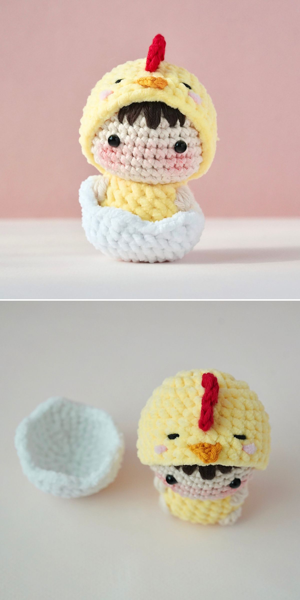 A crocheted doll wearing a yellow chicken costume sits in a white egg shell, resembling a playful crochet Easter decor; the second image shows the costume and shell separated from the doll.