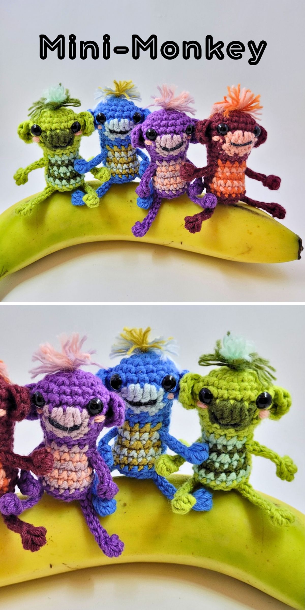 Four colorful crocheted mini monkey toys sit on a banana, each with different yarn colors and smiling faces—perfect examples of delightful crochet monkey patterns for fans of cute, huggable toys.