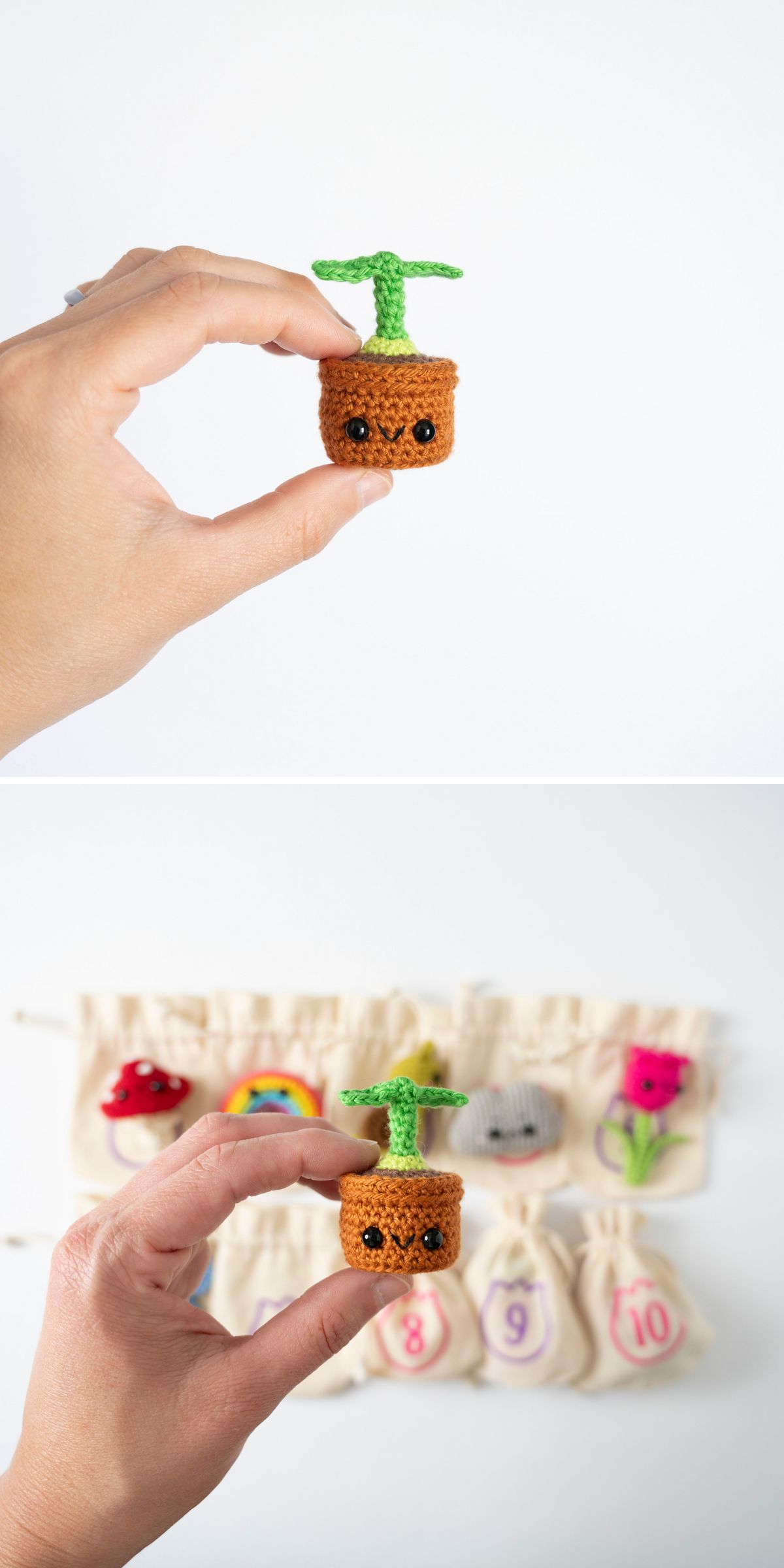 A hand holds a charming crochet plant in a brown pot with a cute face; the background features other crocheted items and numbered drawstring bags.