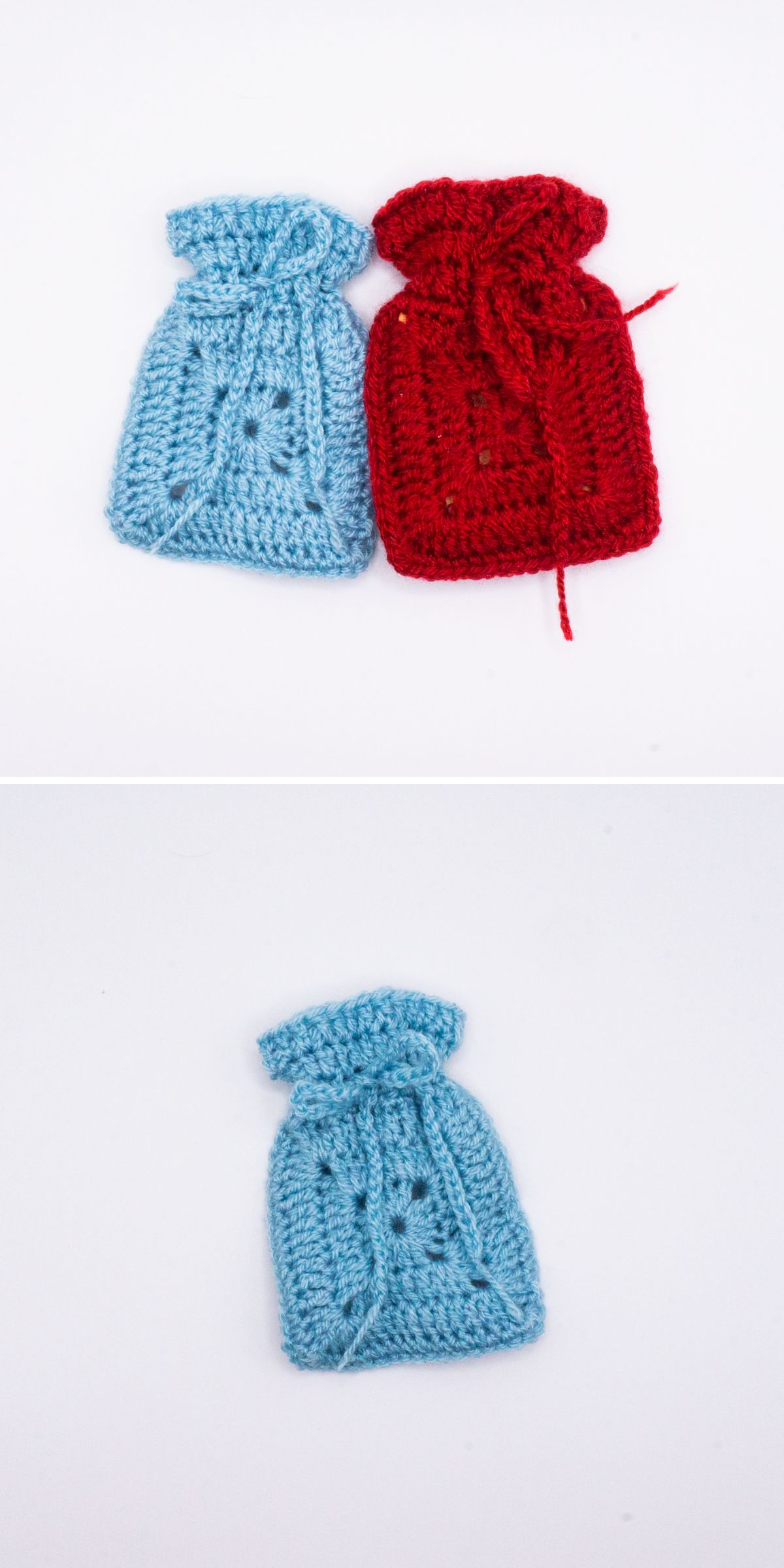 Two crochet pouches with drawstrings, one blue and one red, are shown side by side in the first image; the second image features only the blue pouch.