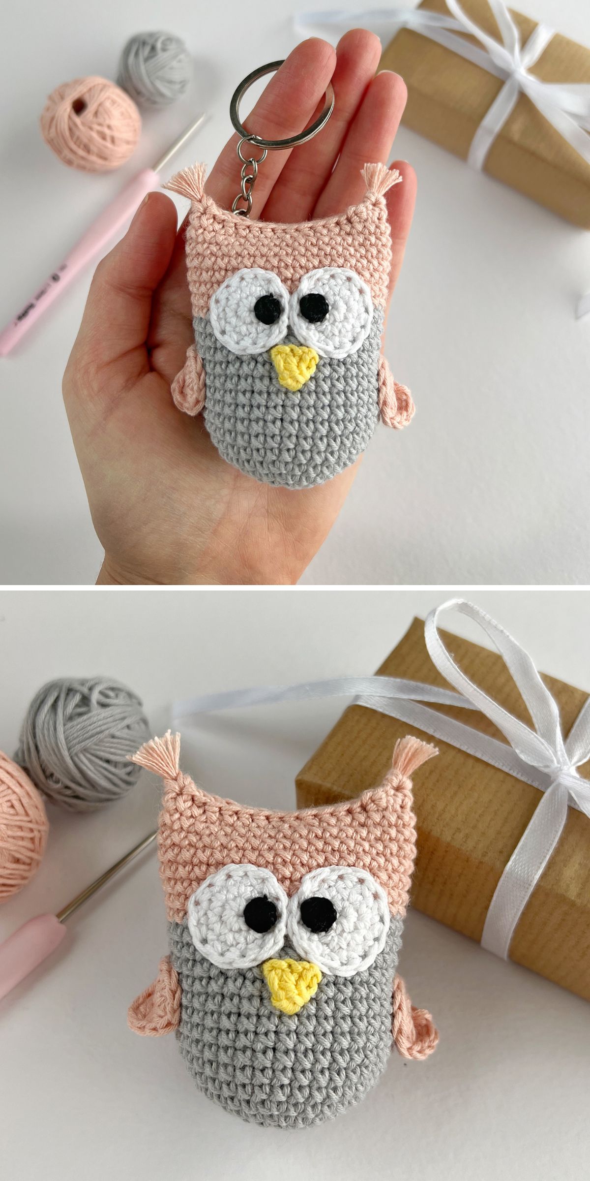 Two photos show a hand holding and displaying a crochet owl keychain in pink, gray, and yellow, with yarn, a crochet hook, and a wrapped gift nearby on a white surface.