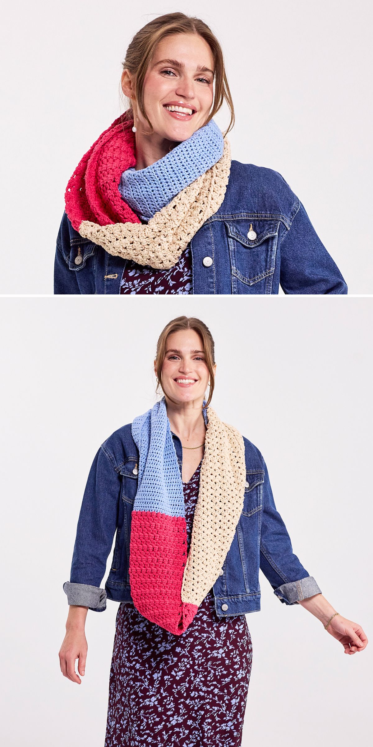 A woman wearing a blue denim jacket and printed dress models a chunky Crochet Infinity Scarf in red, blue, and beige color blocks.