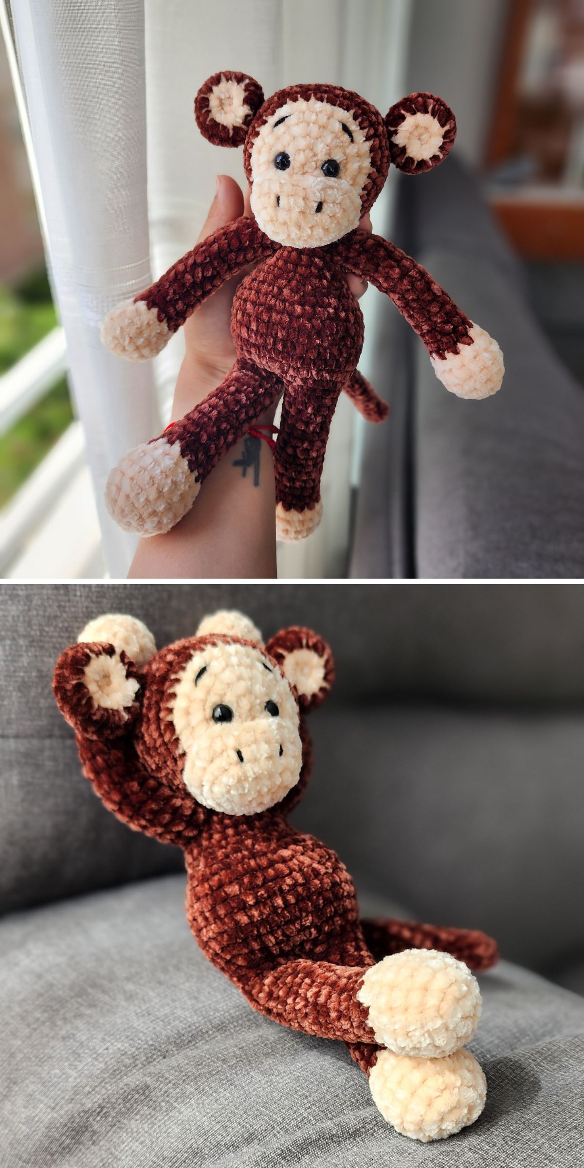 A small, crocheted plush monkey made with brown and beige yarn is shown held in a hand and posed sitting on a grey couch—perfect for fans of huggable toys or those looking for cute crochet monkey patterns.