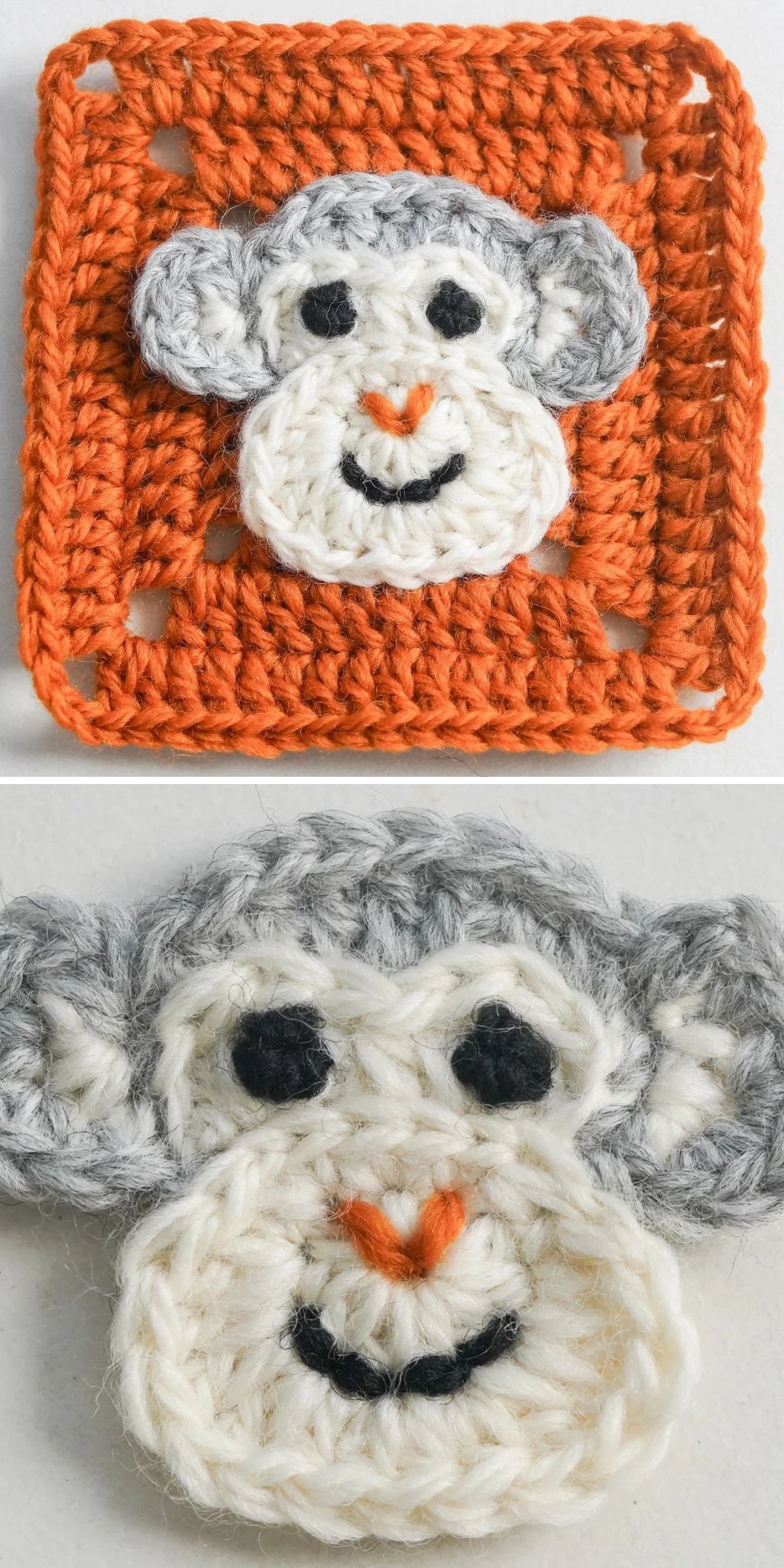 Crochet monkey square features a smiling face in gray, white, and black yarn on an orange background, shown both attached to a piece and as a separate applique.