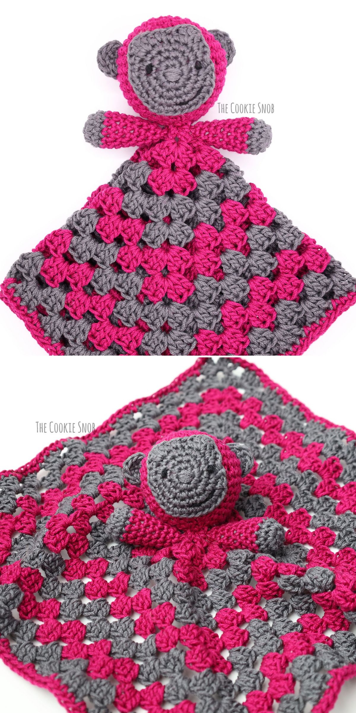 Crocheted crochet baby lovey blanket with a gray bear head and arms, featuring a pink and gray granny square style body and a pink bow.