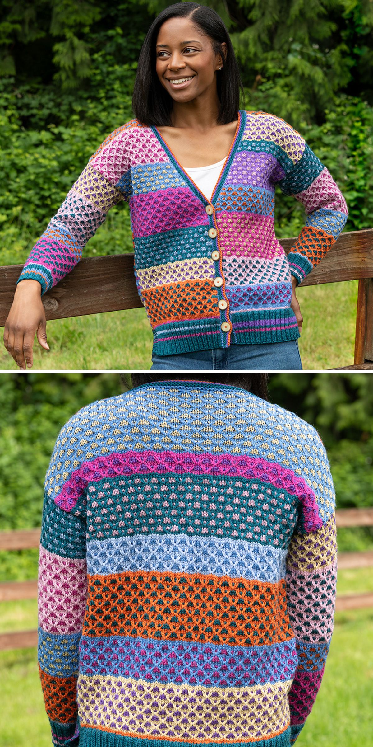 A woman wearing a colorful, patterned button-up cardigan with geometric designs in pink, orange, blue, green, and purple stands outdoors in a grassy area — perfect inspiration for those seeking free knitting patterns for cardigans.