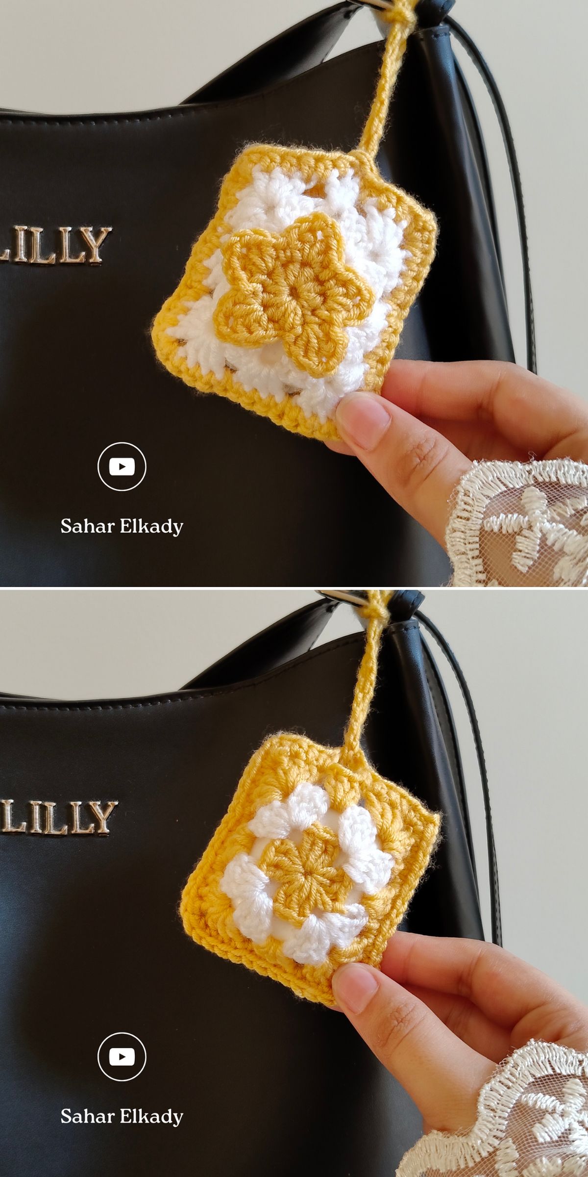 Two photos show a hand holding a yellow and white crocheted square pouch — an everyday essential — in front of a black bag with gold "LILLY" lettering. Perfect inspiration for those seeking free crochet patterns.