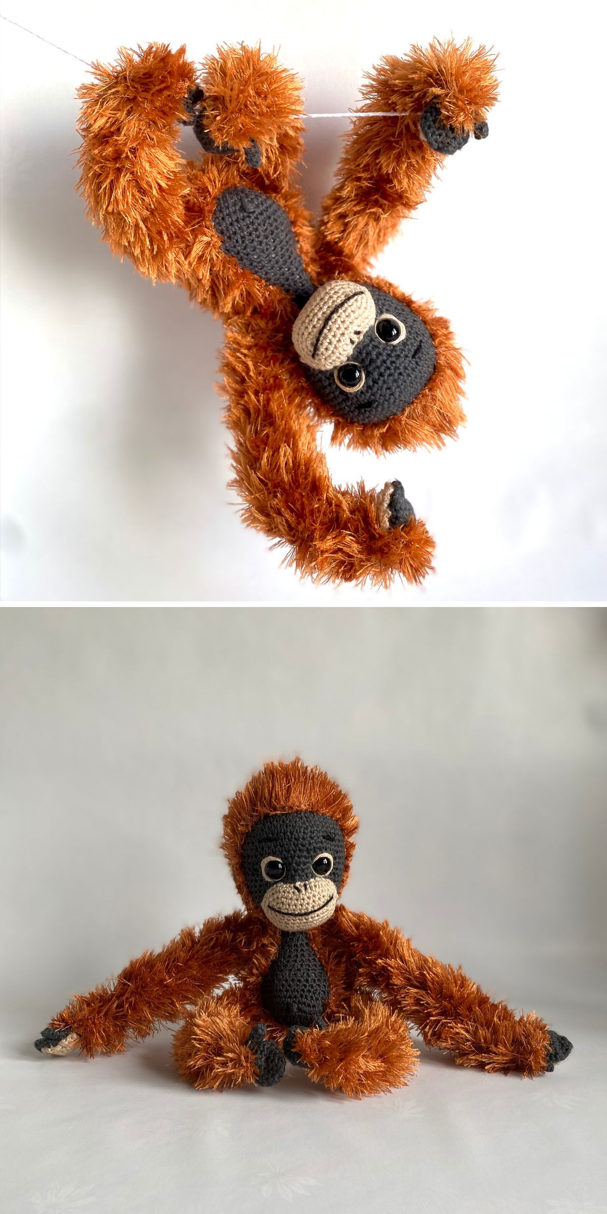 Two photos of a crocheted orangutan toy with orange fur: one hanging upside down by one arm, the other sitting with arms stretched out. Perfect for those who love huggable toys or are searching for fun crochet monkey patterns.