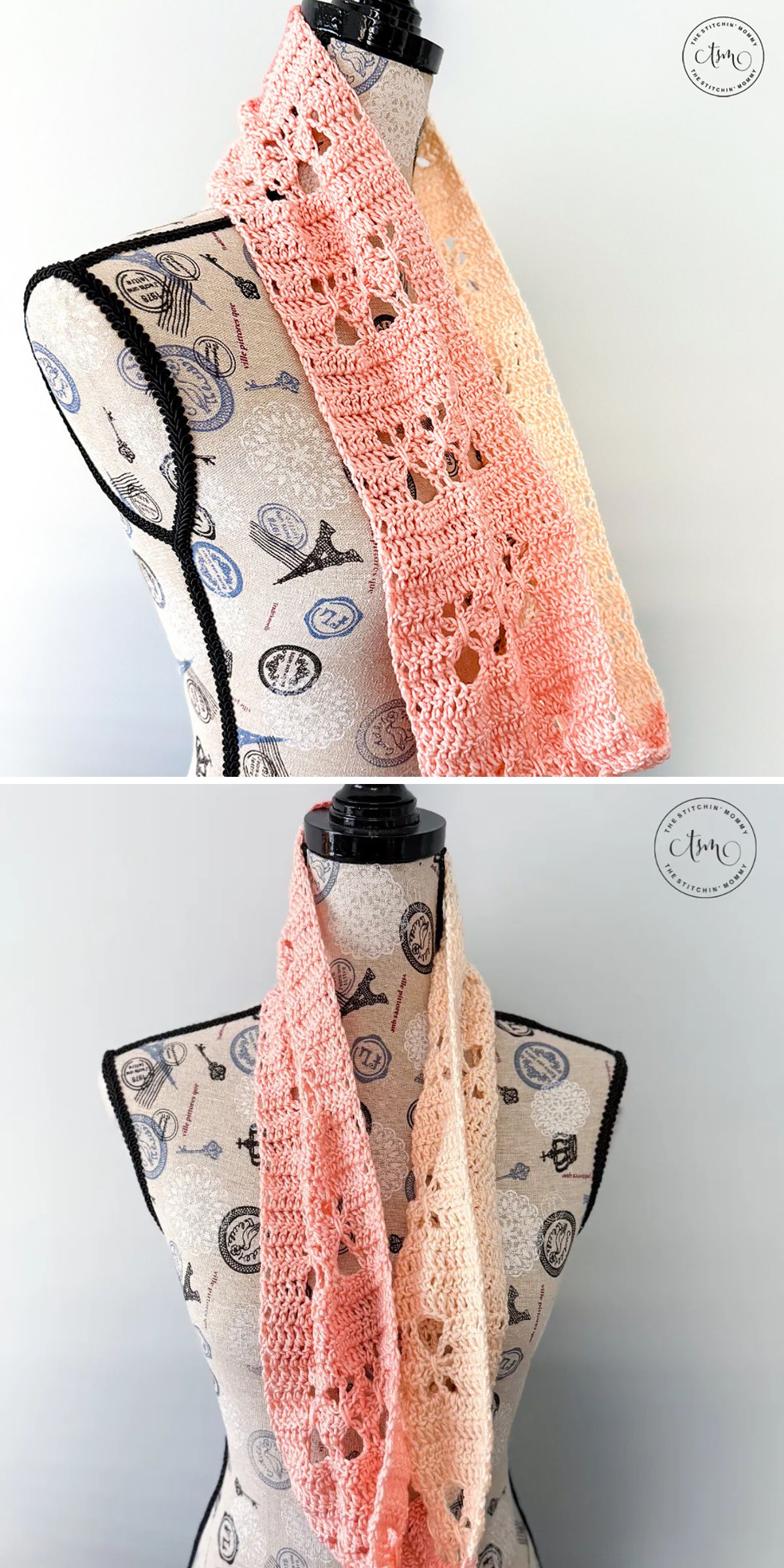 A mannequin displays a Crochet Infinity Scarf in shades of peach and pink, featuring a lacy pattern and shown from different angles.