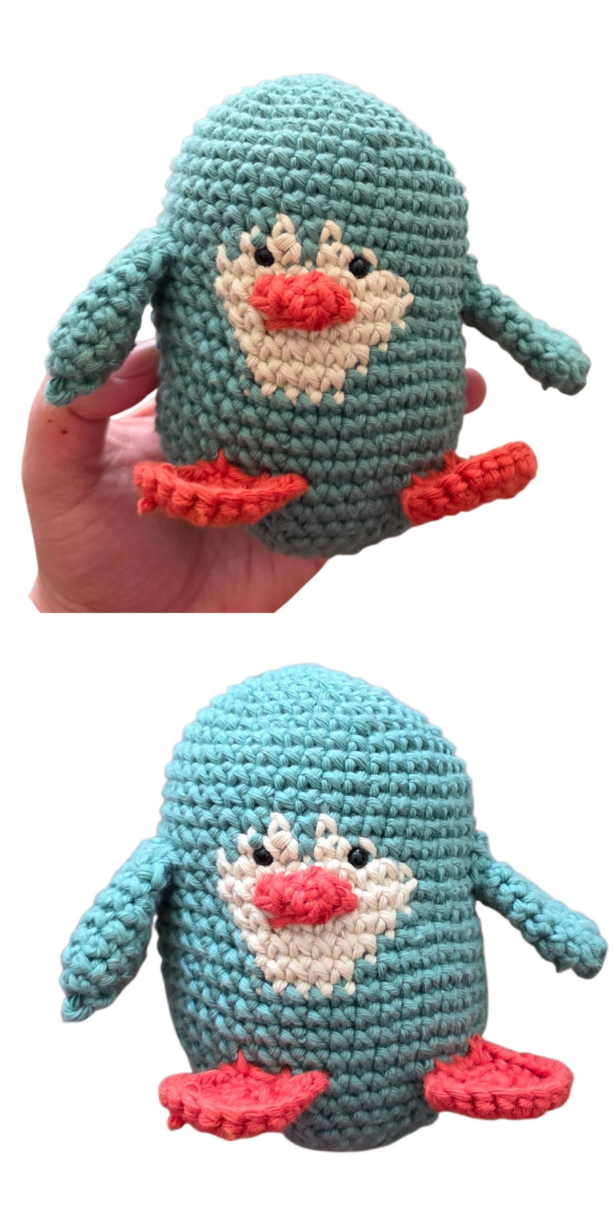 A hand holds a crocheted blue penguin plush with a white face, red beak, and red feet—perfect for fans of penguin amigurumi patterns. The second image features the same plush on a white background.