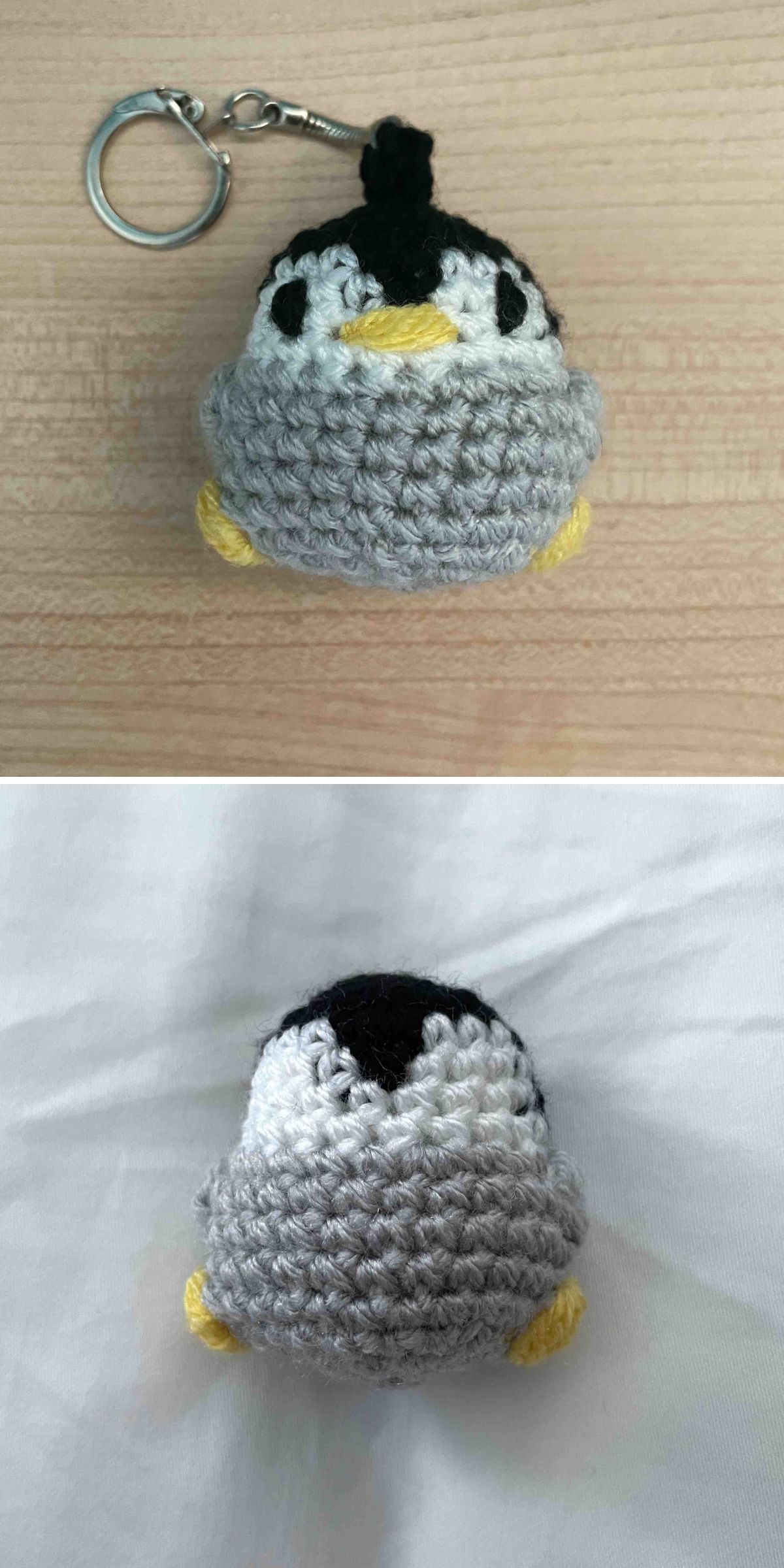 Two photos of a small Crochet Penguin keychain, shown from the front on a wooden surface and from the back on a white fabric background.